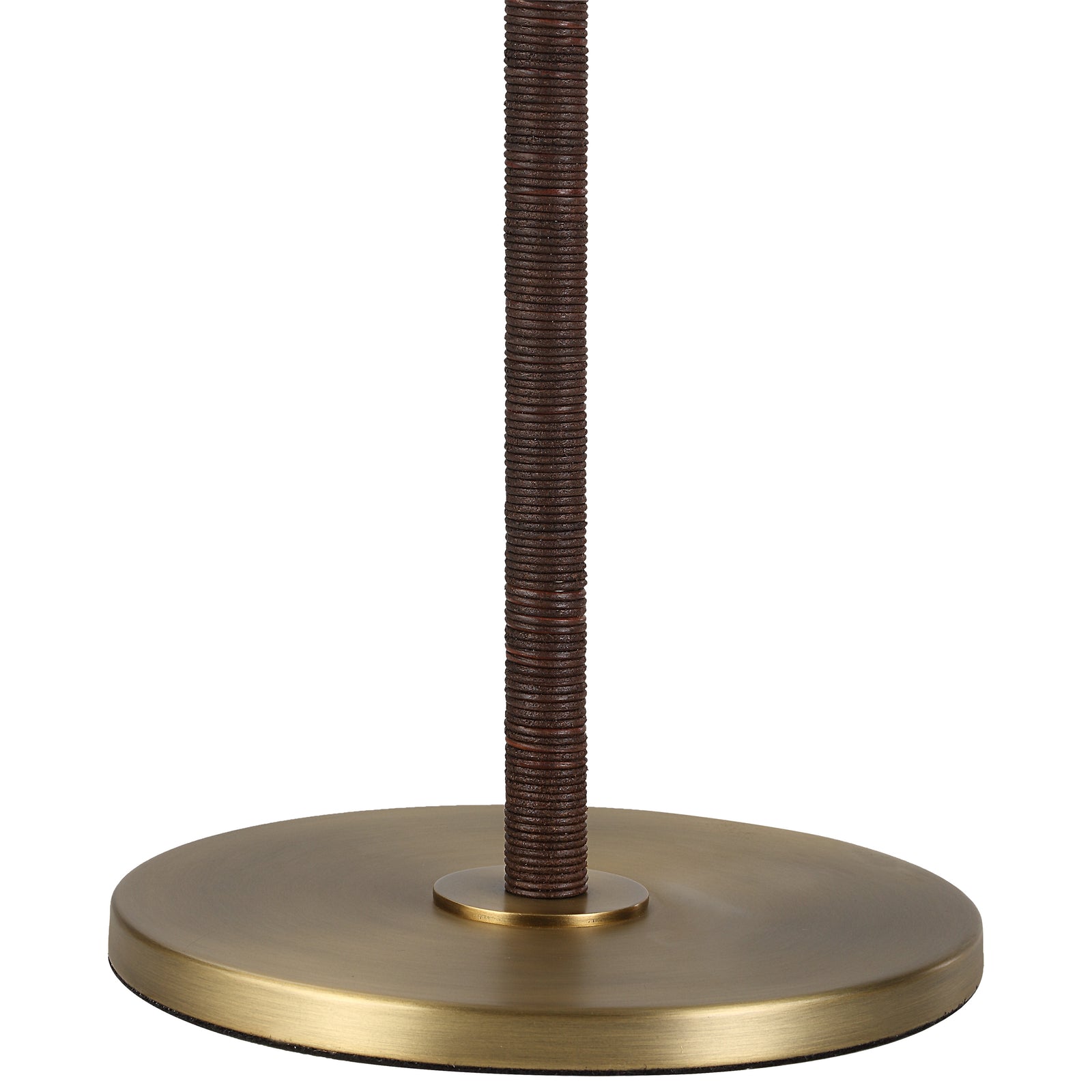 Camelia Table Lamp with white shade and brown woven base, featuring a gold metal stand.