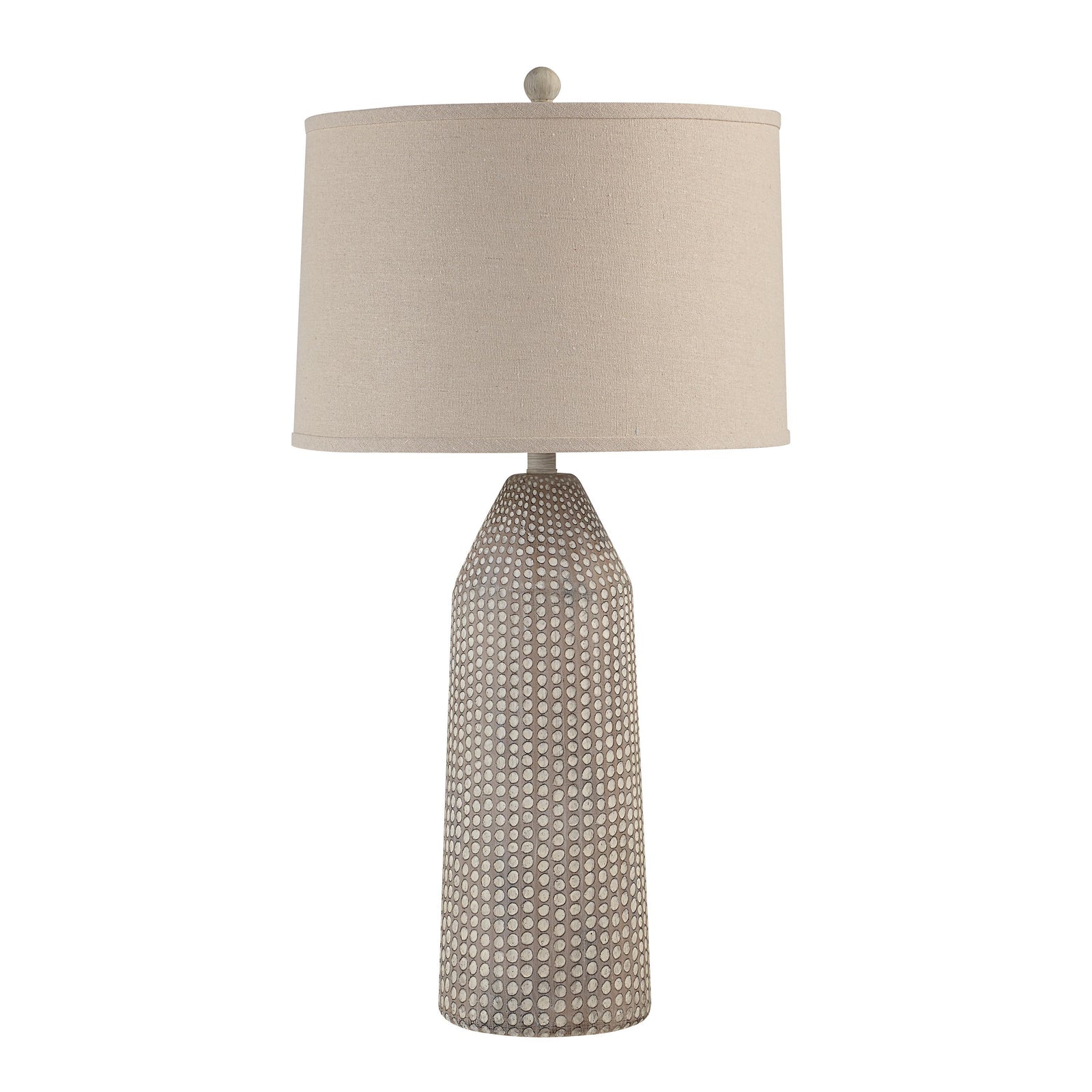 Lechuga Table Lamp with beige fabric shade and textured ceramic base in light gray.