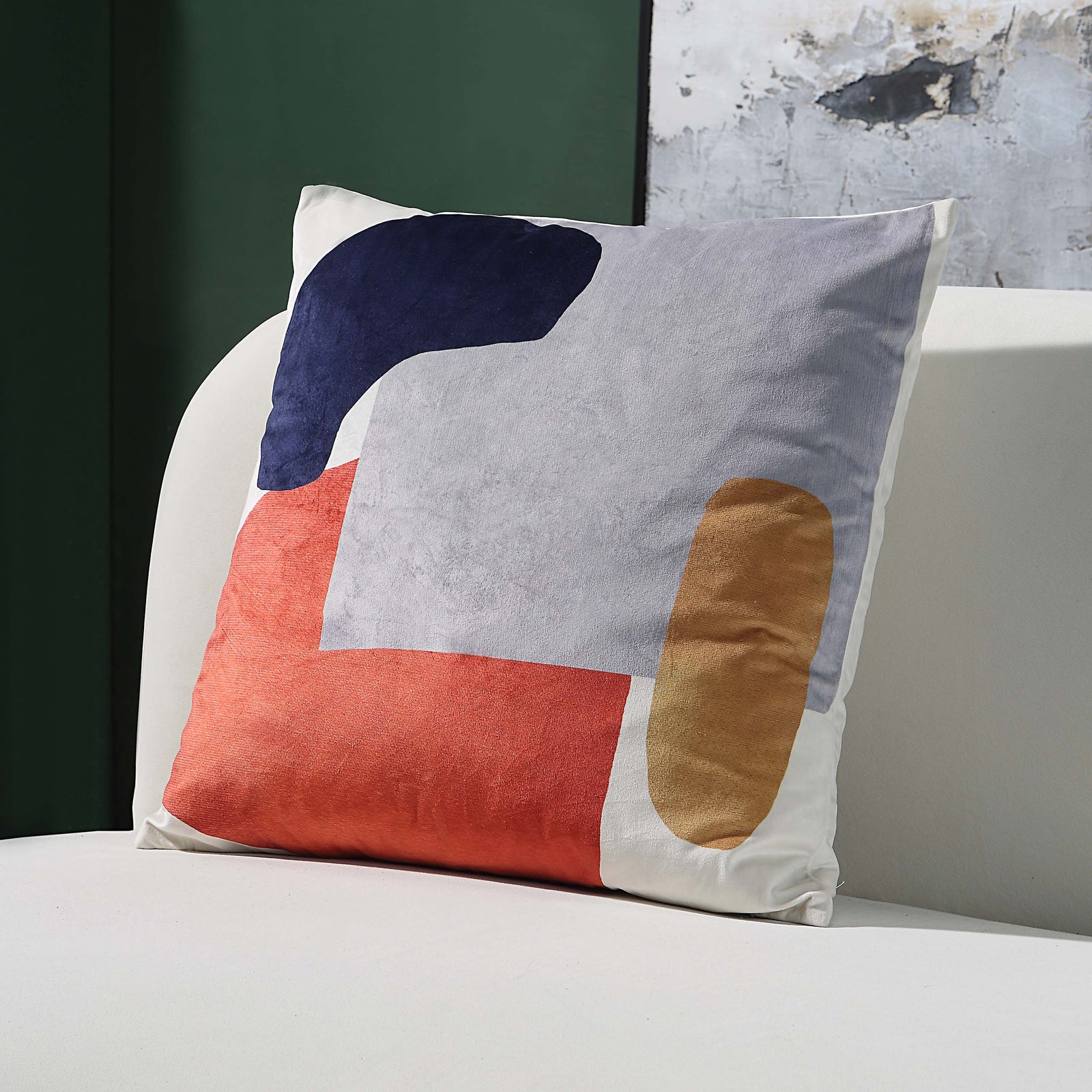 Lonzo Indoor Pillow with abstract design in navy, gray, red, and beige colors.