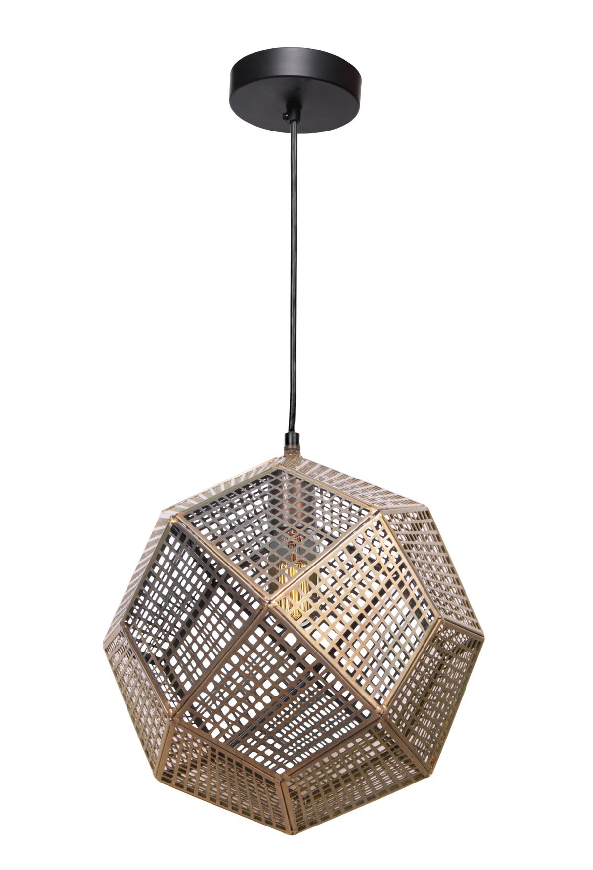 Skars Ceiling Fixture featuring a geometric metal design in gold and black, suspended from a black ceiling mount.
