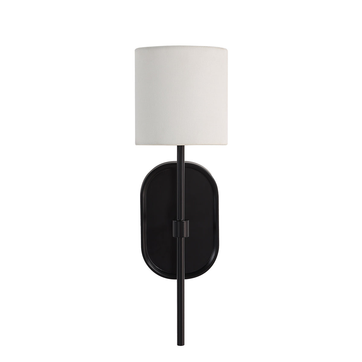 Fico Wall Sconce by Renwil featuring a white fabric shade and black metal base.
