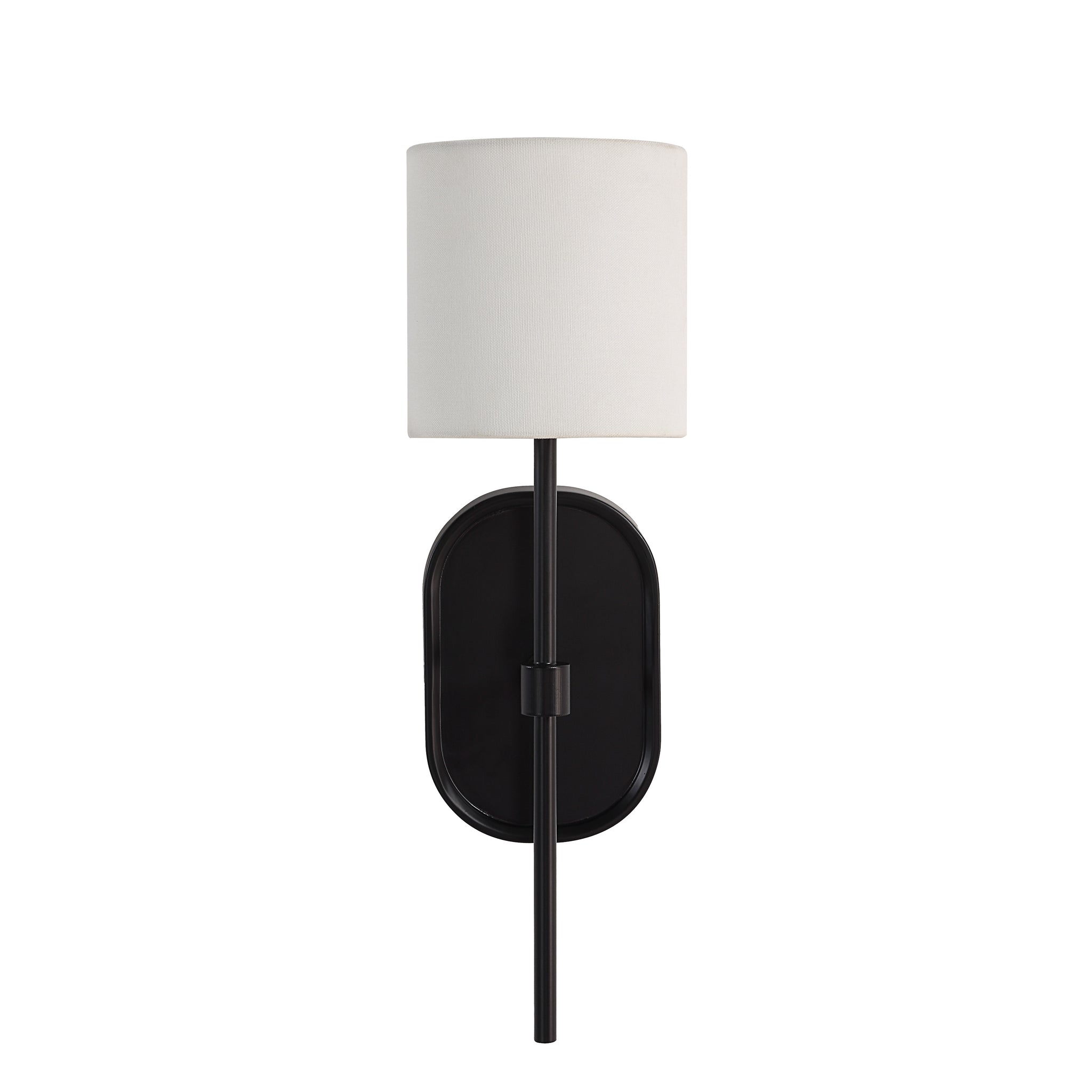 Fico Wall Sconce by Renwil featuring a white fabric shade and black metal base.