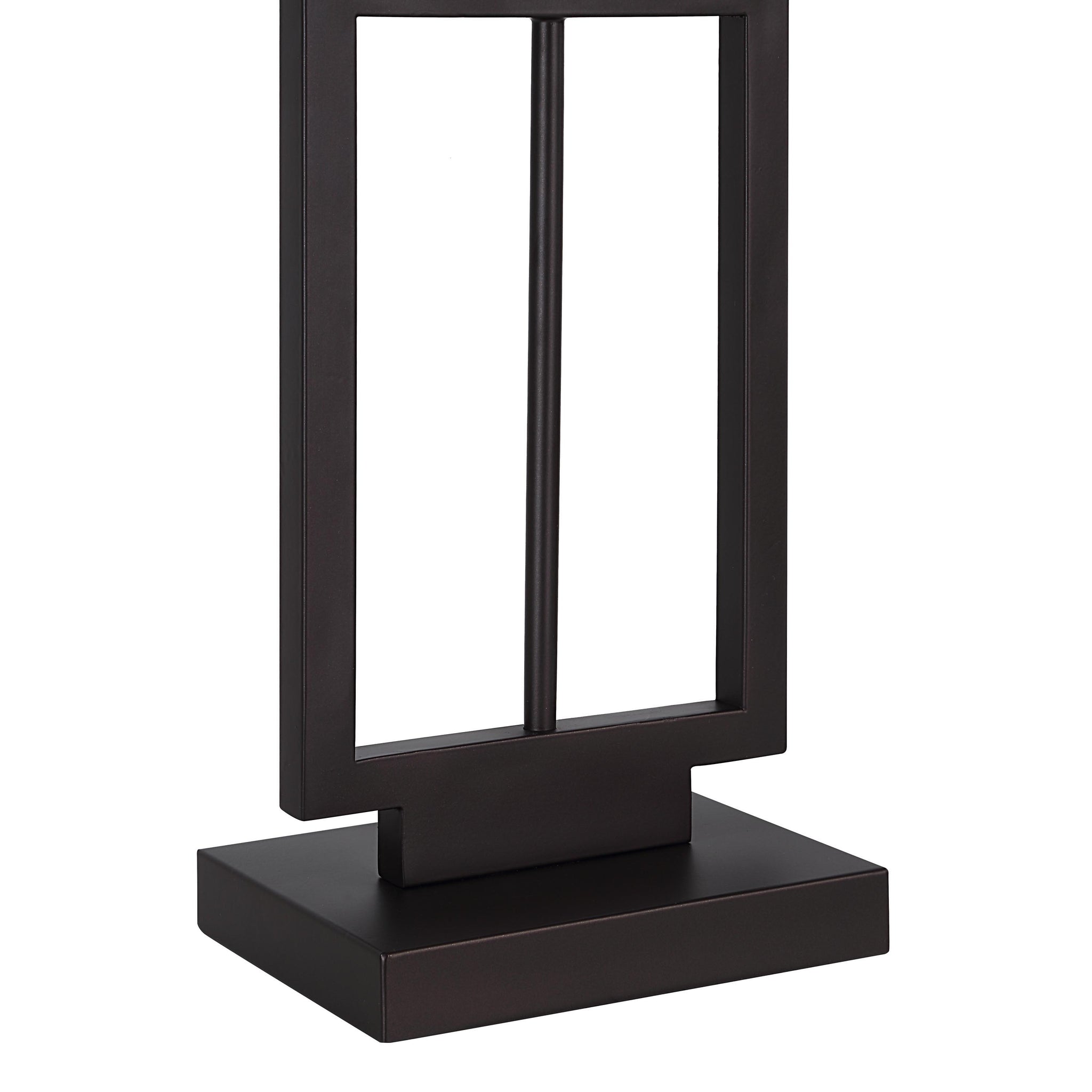 Close-up of Sendai table lamp's dark metal base and geometric design, highlighting craftsmanship.