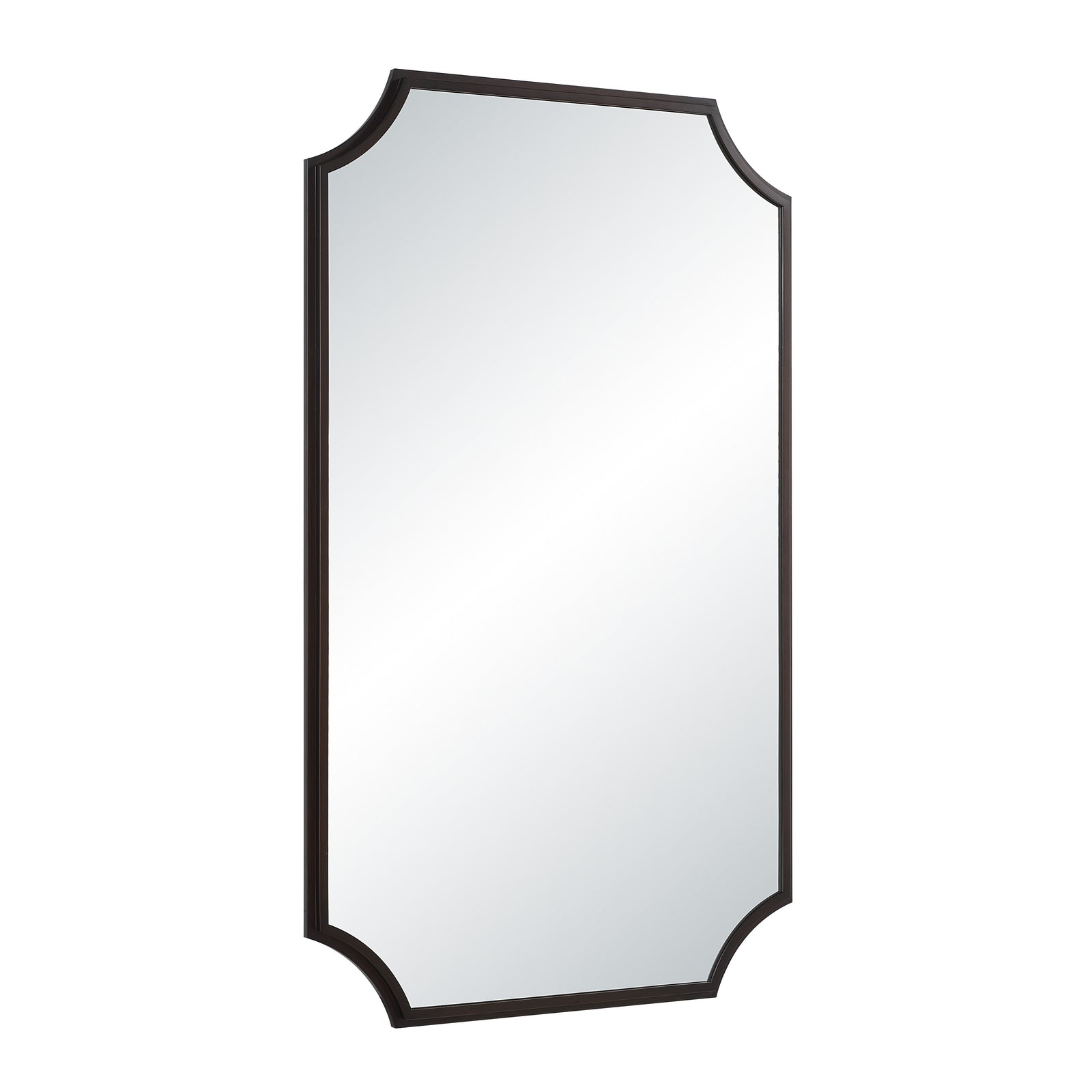 Torre mirror by Renwil with a dark frame and scalloped edges, reflecting light.