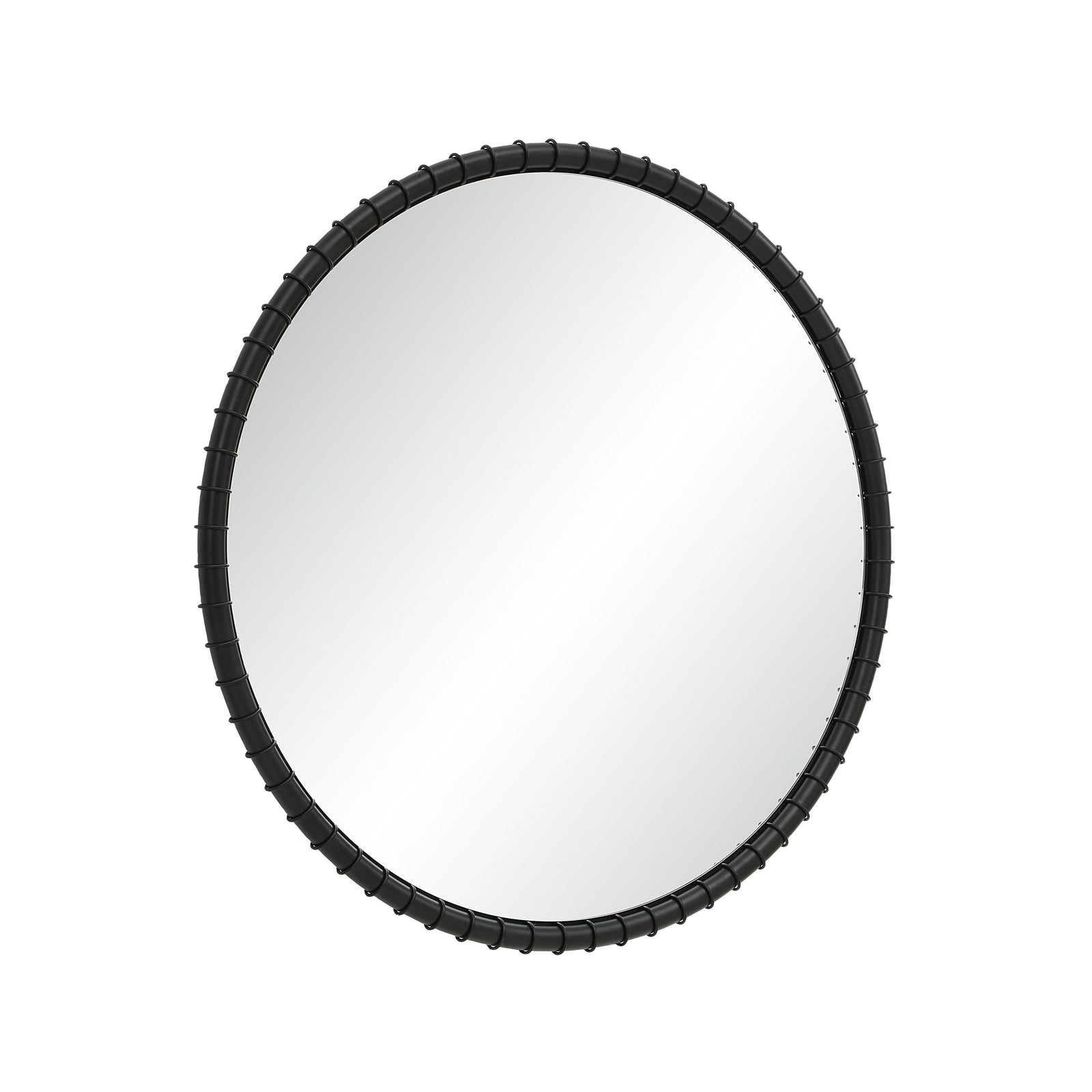 Timo mirror by Renwil, round shape with a black textured frame, reflecting light.
