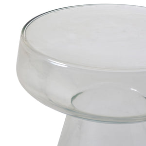 Lavanda table featuring a clear glass surface and conical base, close-up view.