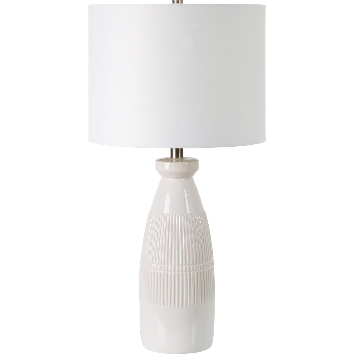 Nado Table Lamp with a white fabric shade and a ceramic base featuring ribbed texture