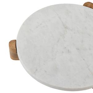 Lance round marble tray with wooden supports, white marble top, close-up view.