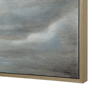 Anse canvas art featuring abstract gray and blue tones with a natural wood frame, showcasing a textured surface.