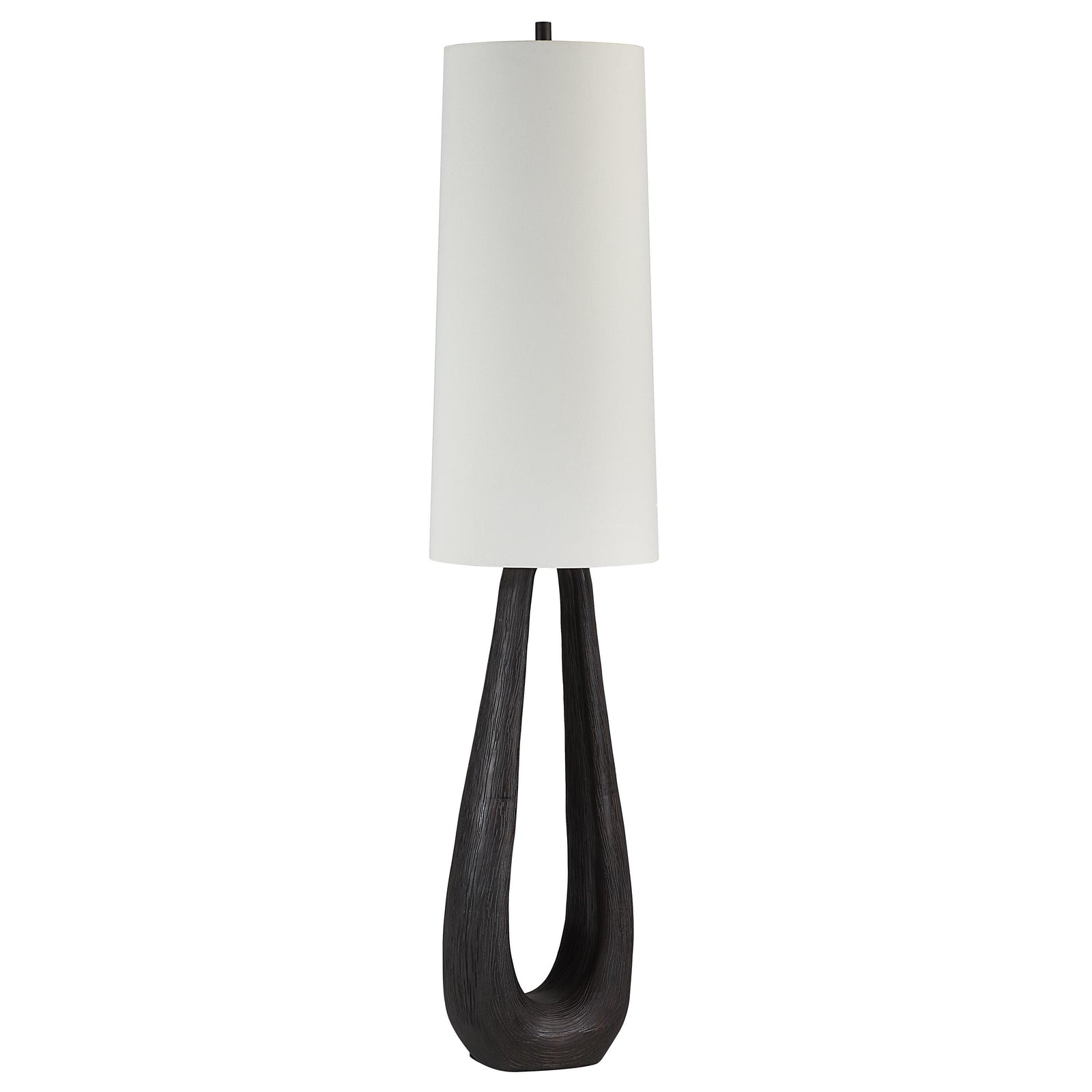 Cornelia floor lamp with a white cylindrical shade and a dark wood base in a modern design.