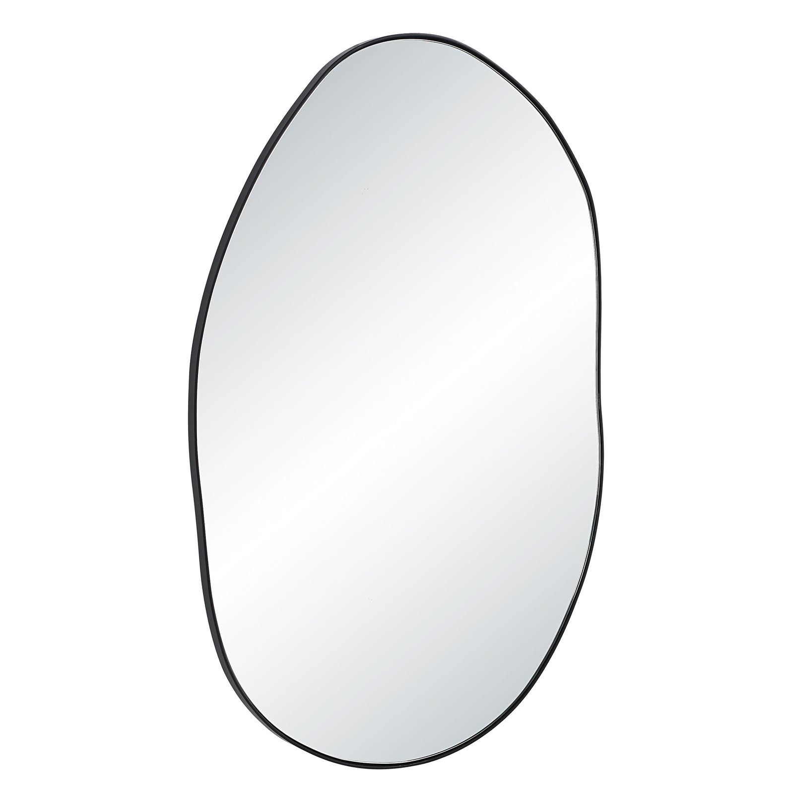 Messini mirror with an organic shape and black frame, reflecting light.