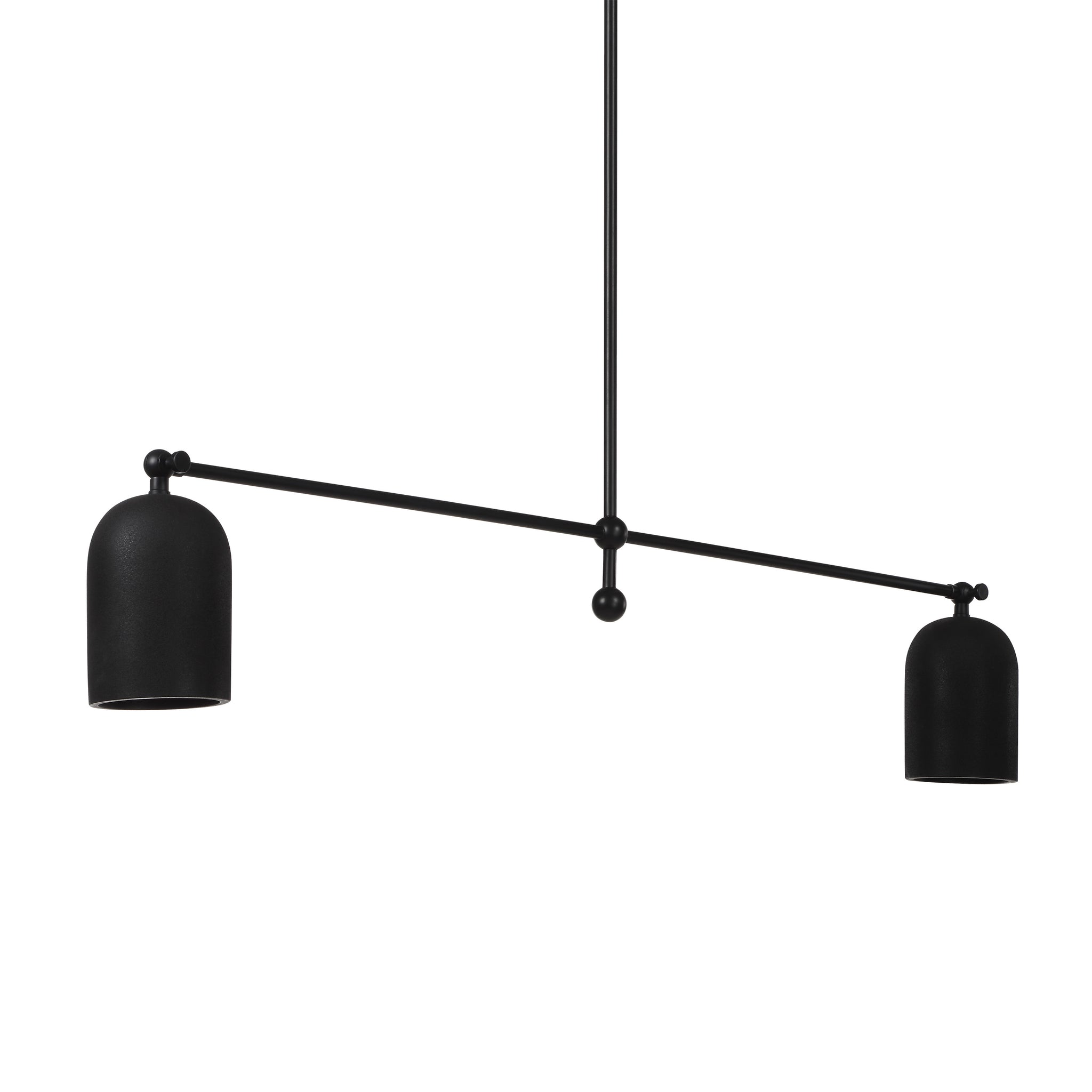 Saskia ceiling light fixture featuring two black bell-shaped shades and a horizontal black bar.