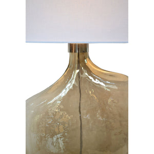 Benedek Table Lamp showcasing a sleek gold glass base and a white fabric shade