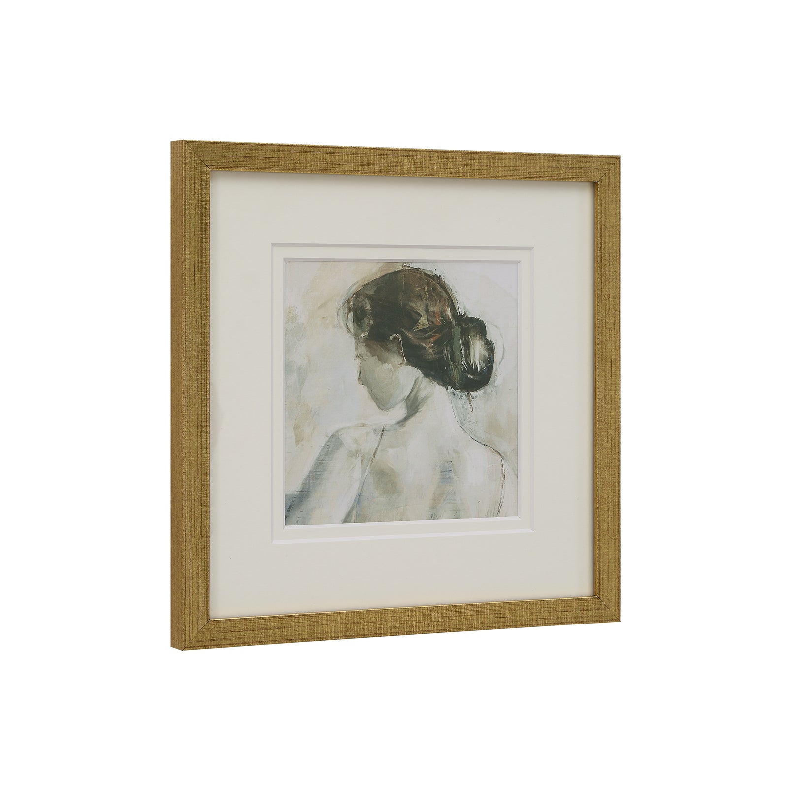 Penelope printed art featuring a woman's profile in soft colors, framed in a textured gold frame.