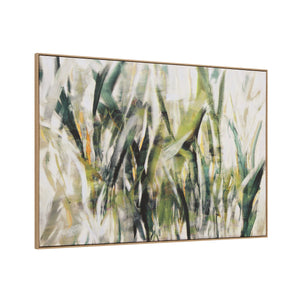 Minthe canvas art showcasing an abstract green and beige foliage design from a side angle