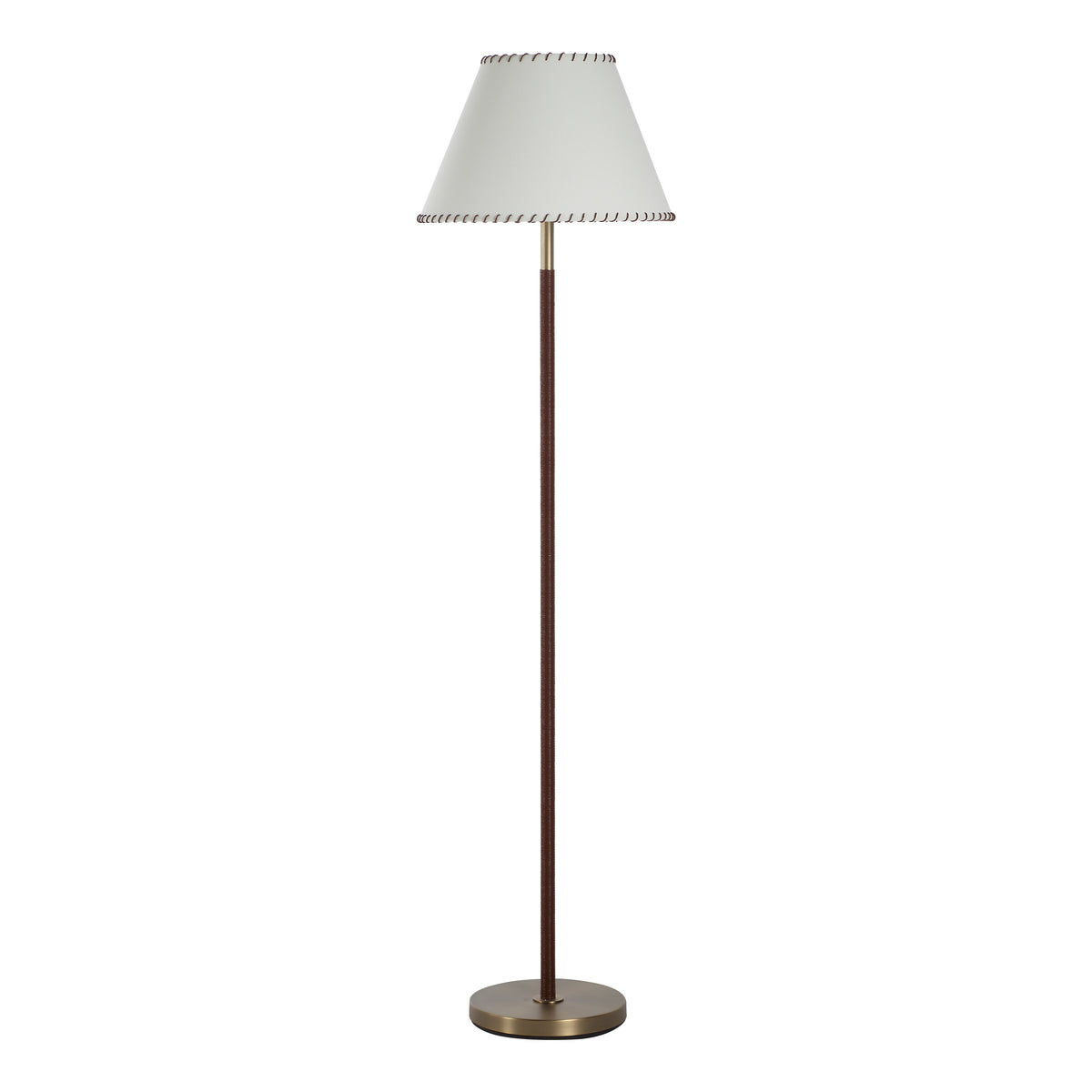 Elea floor lamp with a white shade and bronze base, featuring a textured brown stem.
