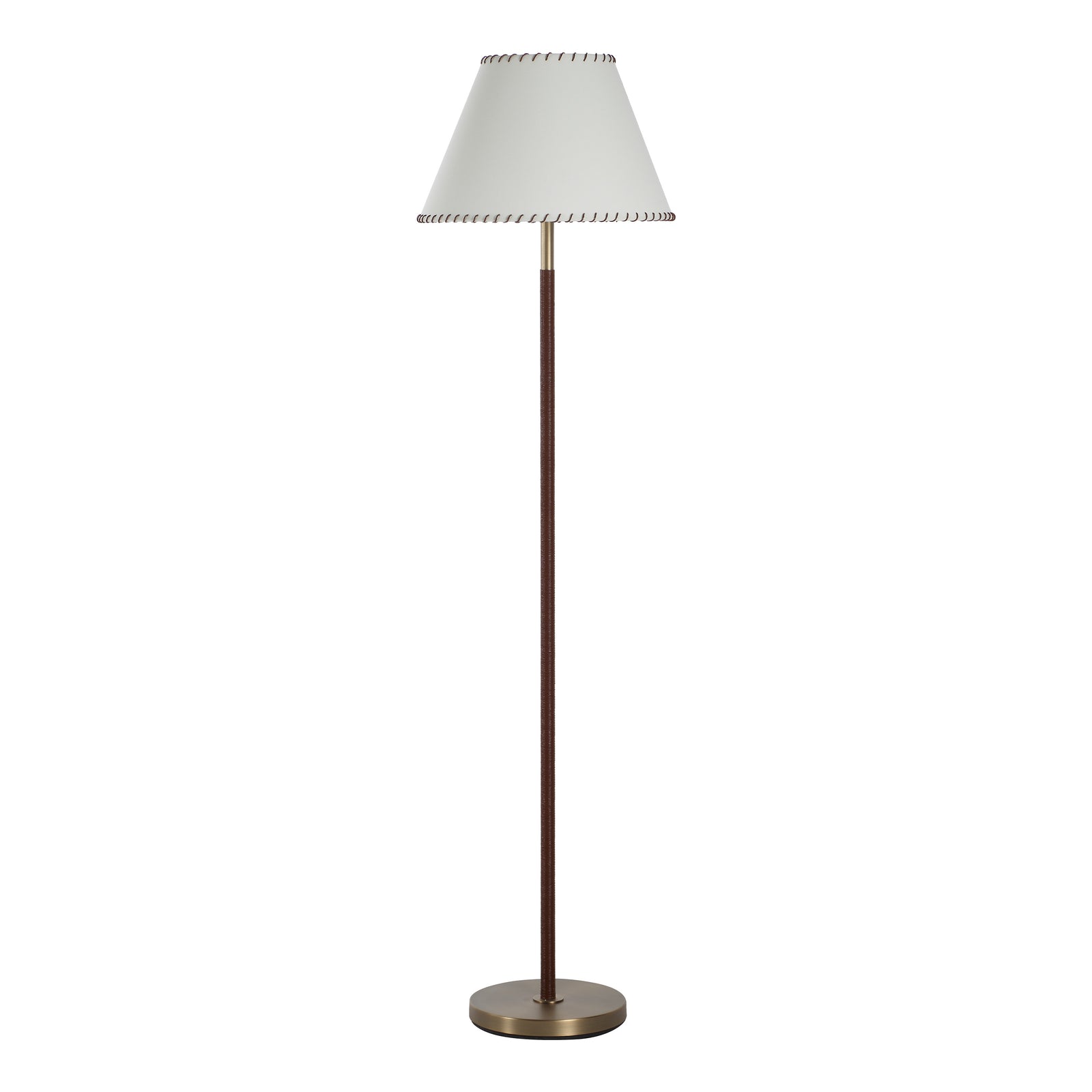 Elea floor lamp with a white shade and bronze base, featuring a textured brown stem.