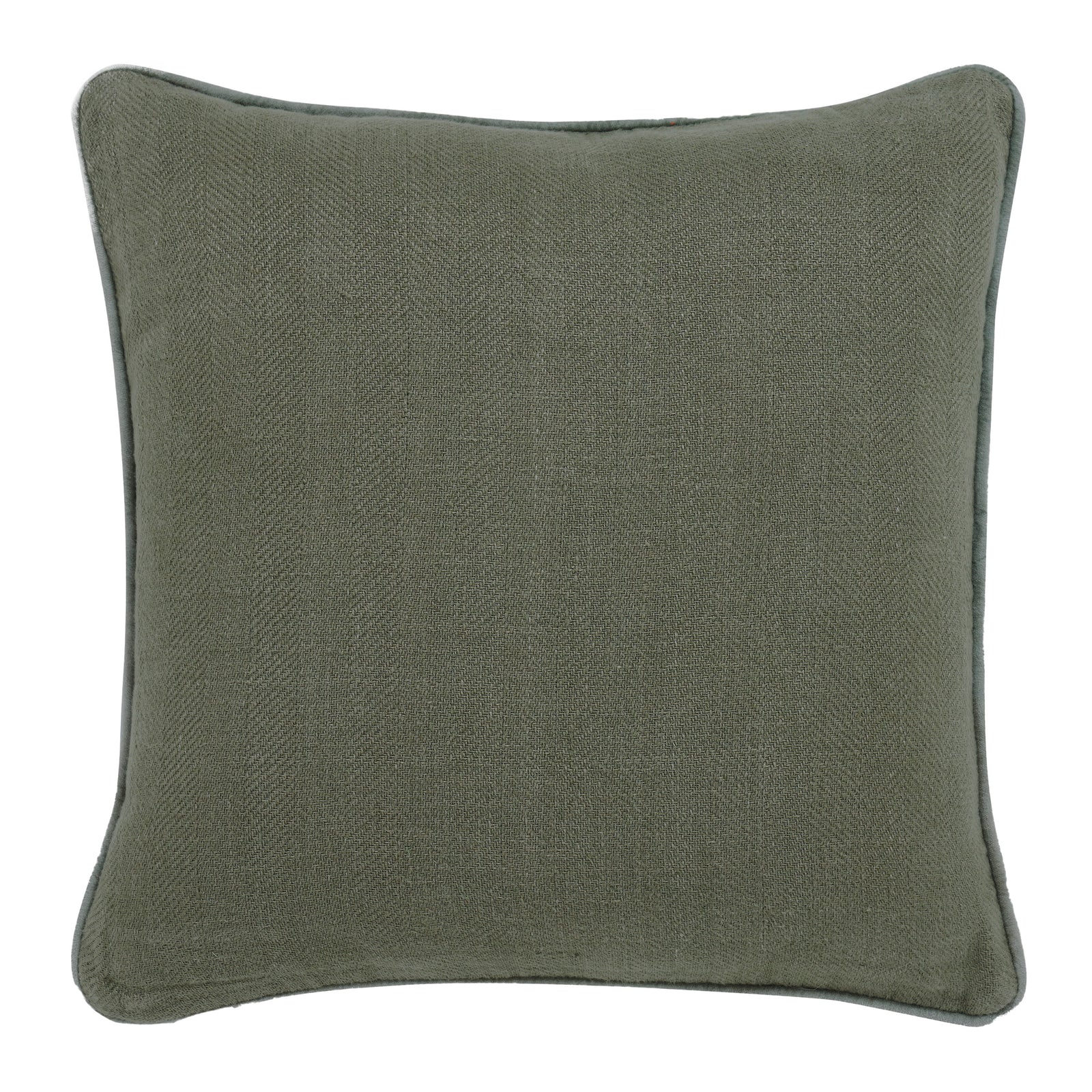 Lavigne Indoor Pillow in olive green with herringbone pattern and piped edges.