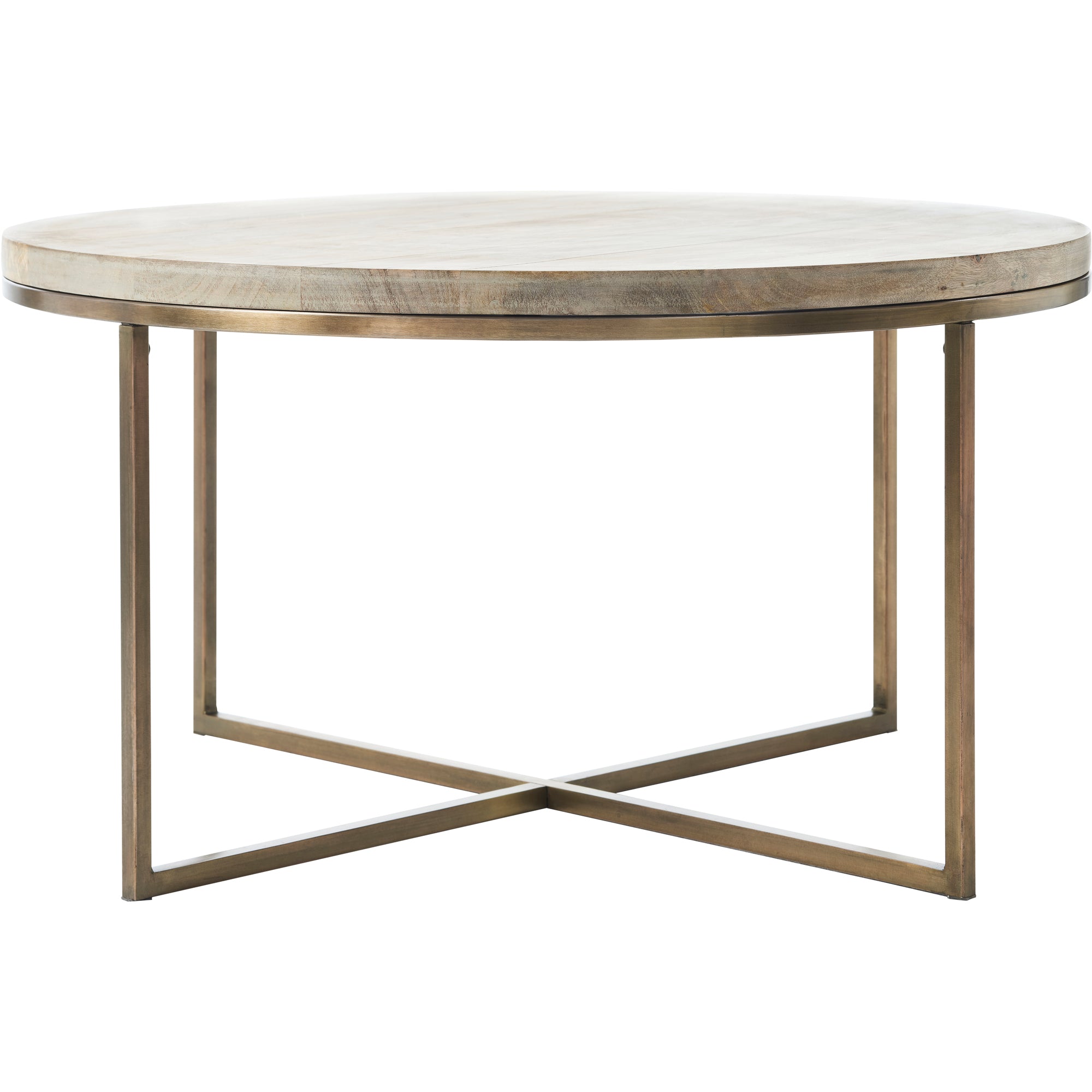 Liana Table featuring a round wooden surface and bronze metal frame, viewed from the front.