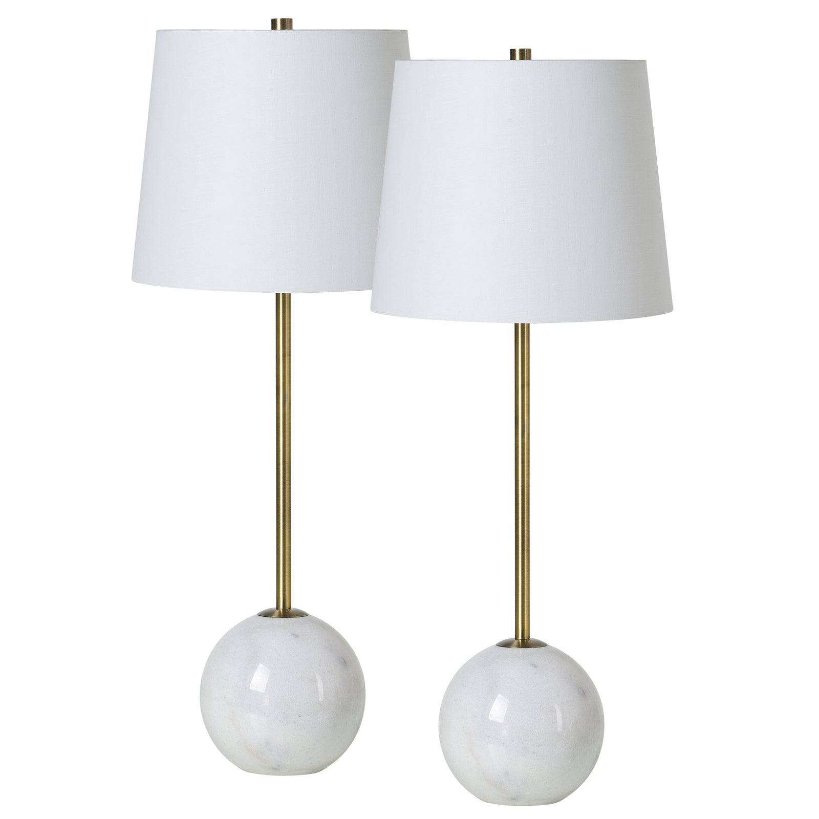 Naomi Table Lamp set with white fabric shades and marble bases, featuring brass stems.