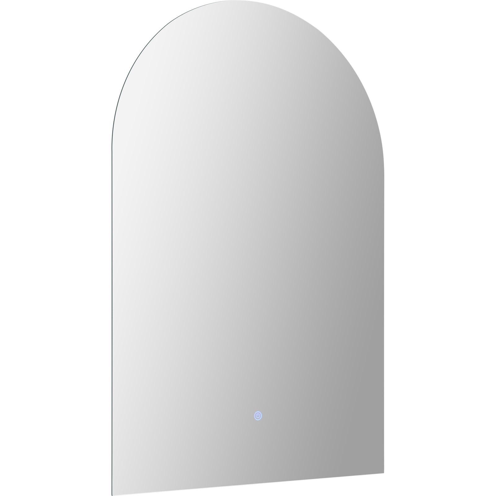 Blanca Led Mirror with soft backlight, arch-shaped design, sleek silver finish.