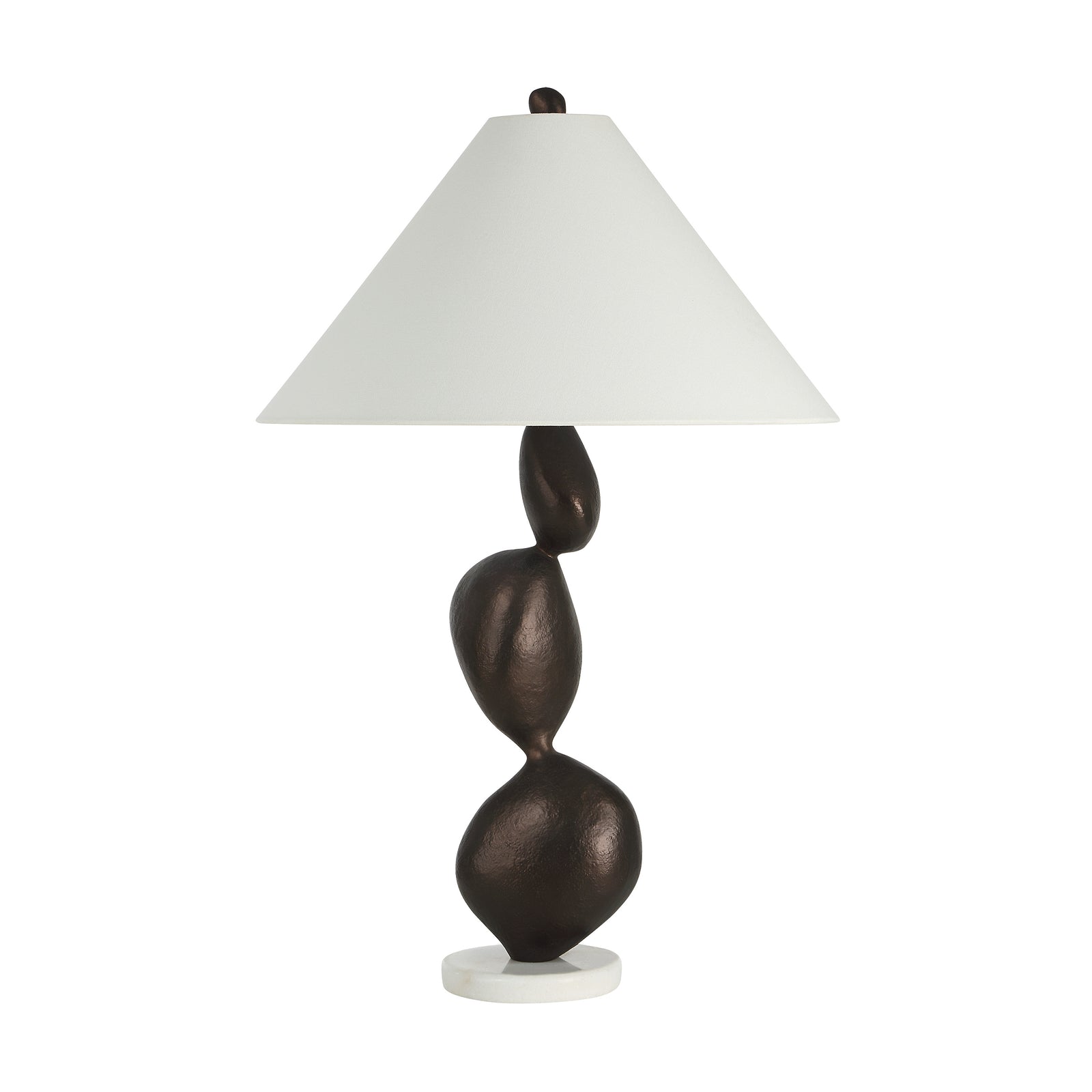 Elle table lamp by Renwil with a brown sculptural base and white cone shade.