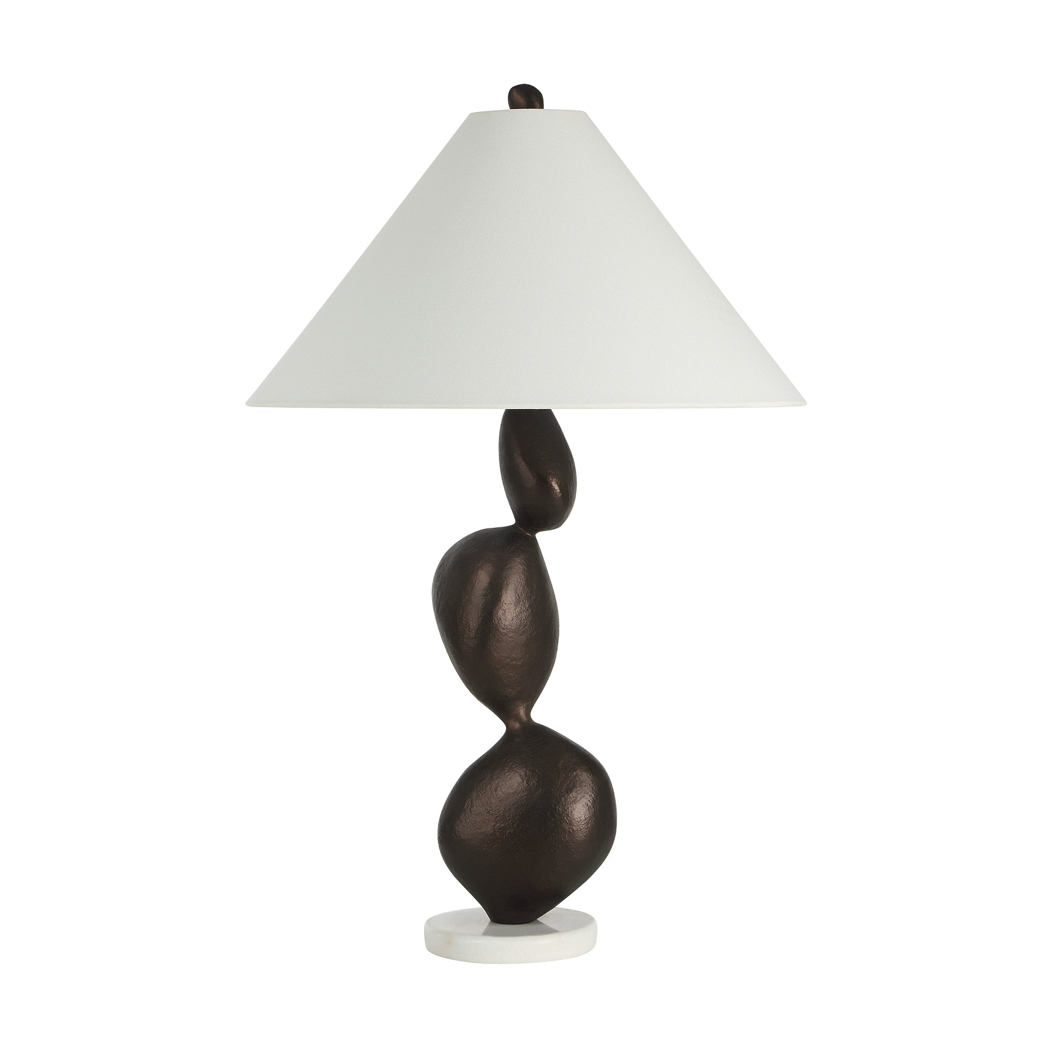 Elle table lamp by Renwil with a brown sculptural base and white cone shade.
