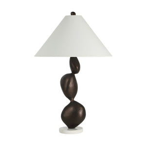Elle table lamp by Renwil with a brown sculptural base and white cone shade.