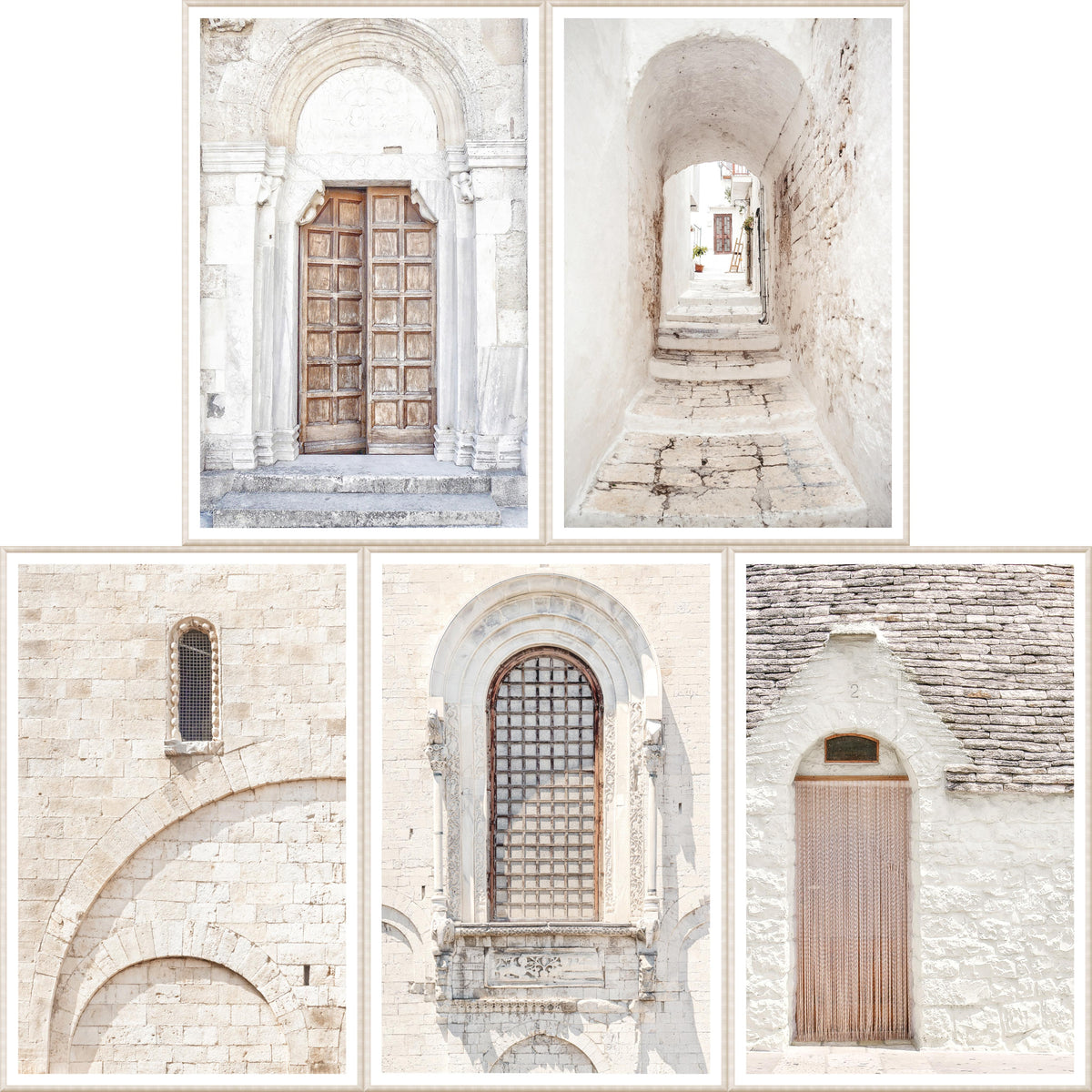 Italy Masonry Door & Arch Wall Art Bundle featuring rustic wooden doors, stone walls, and narrow alleyways in soft white tones.