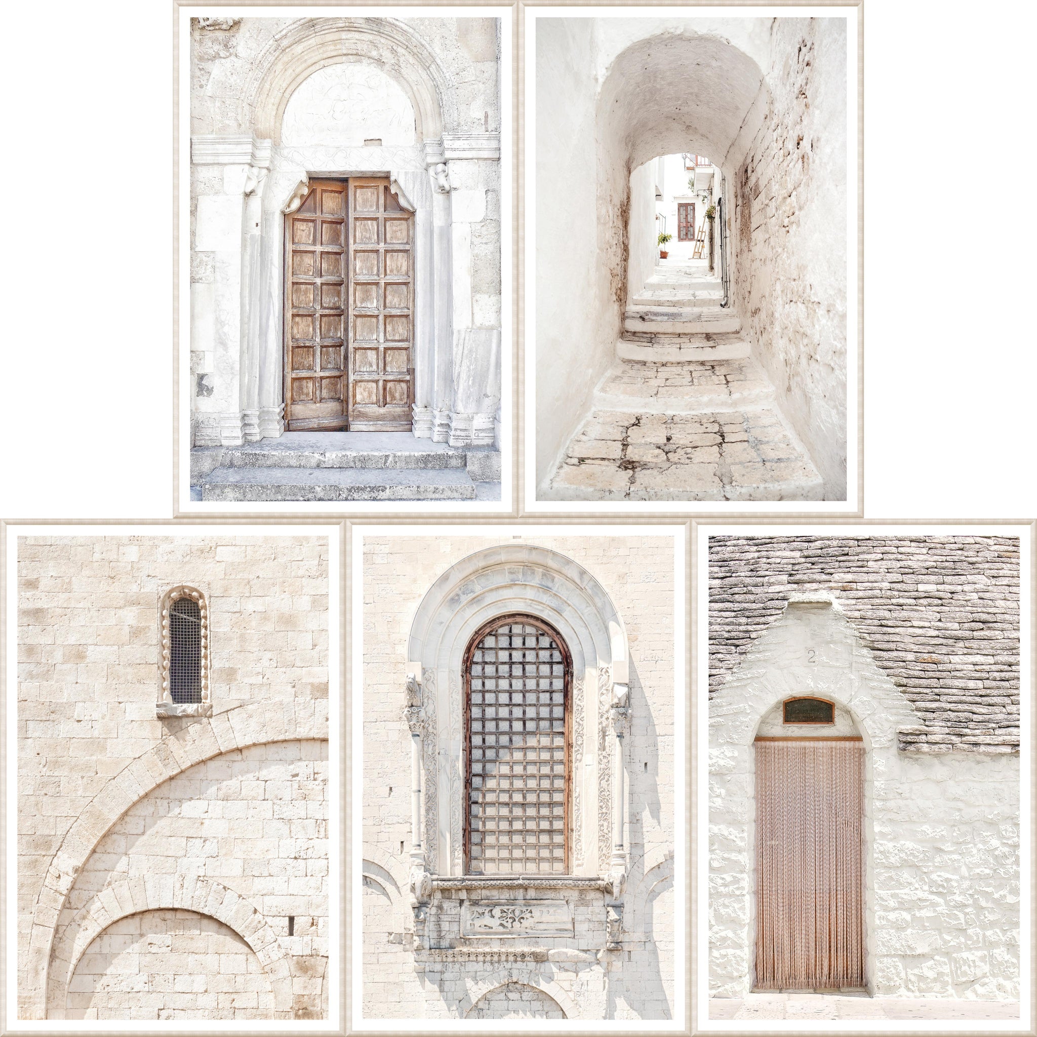 Italy Masonry Door & Arch Wall Art Bundle featuring rustic wooden doors, stone walls, and narrow alleyways in soft white tones.
