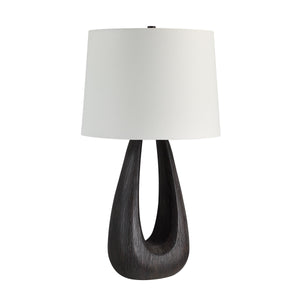 Beckham Table Lamp featuring a white shade and a sleek dark wood base from a different angle