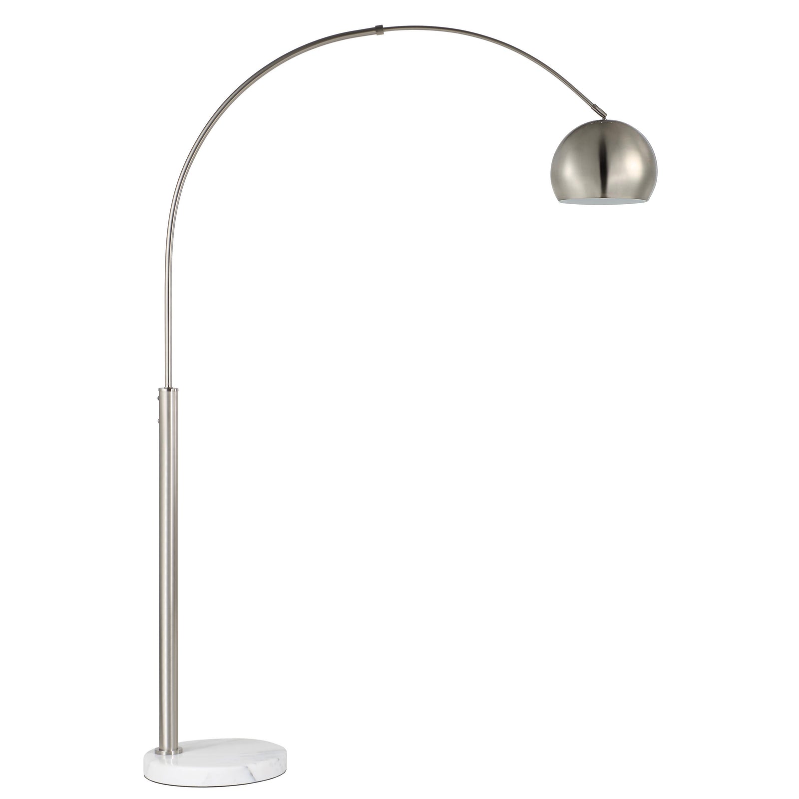 Aglow floor lamp with a sleek curved design, metallic shade, and marble base.