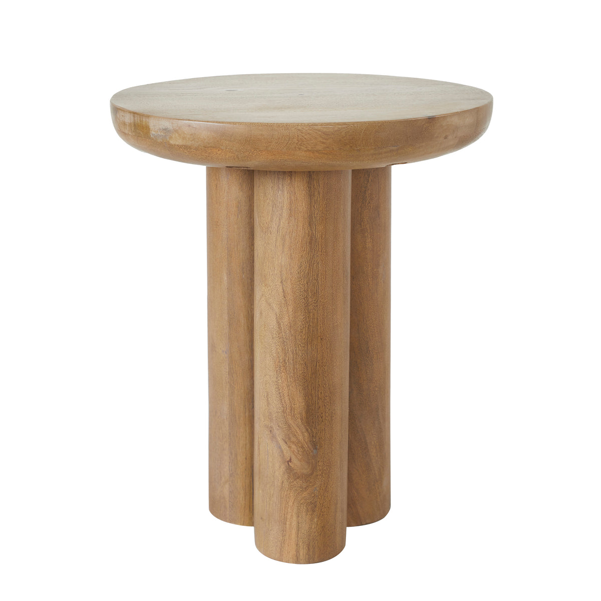 Honey Side Table with round top and three cylindrical legs in natural wood finish