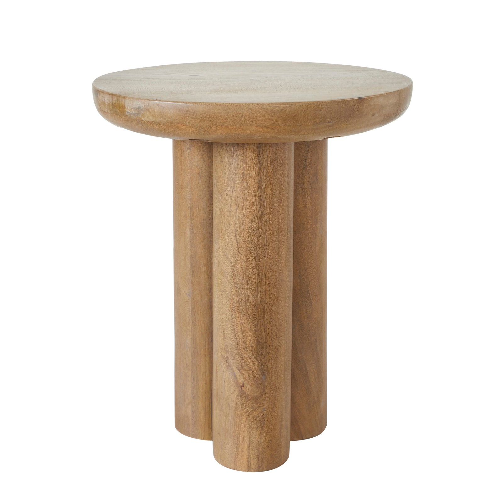 Honey Side Table with round top and three cylindrical legs in natural wood finish