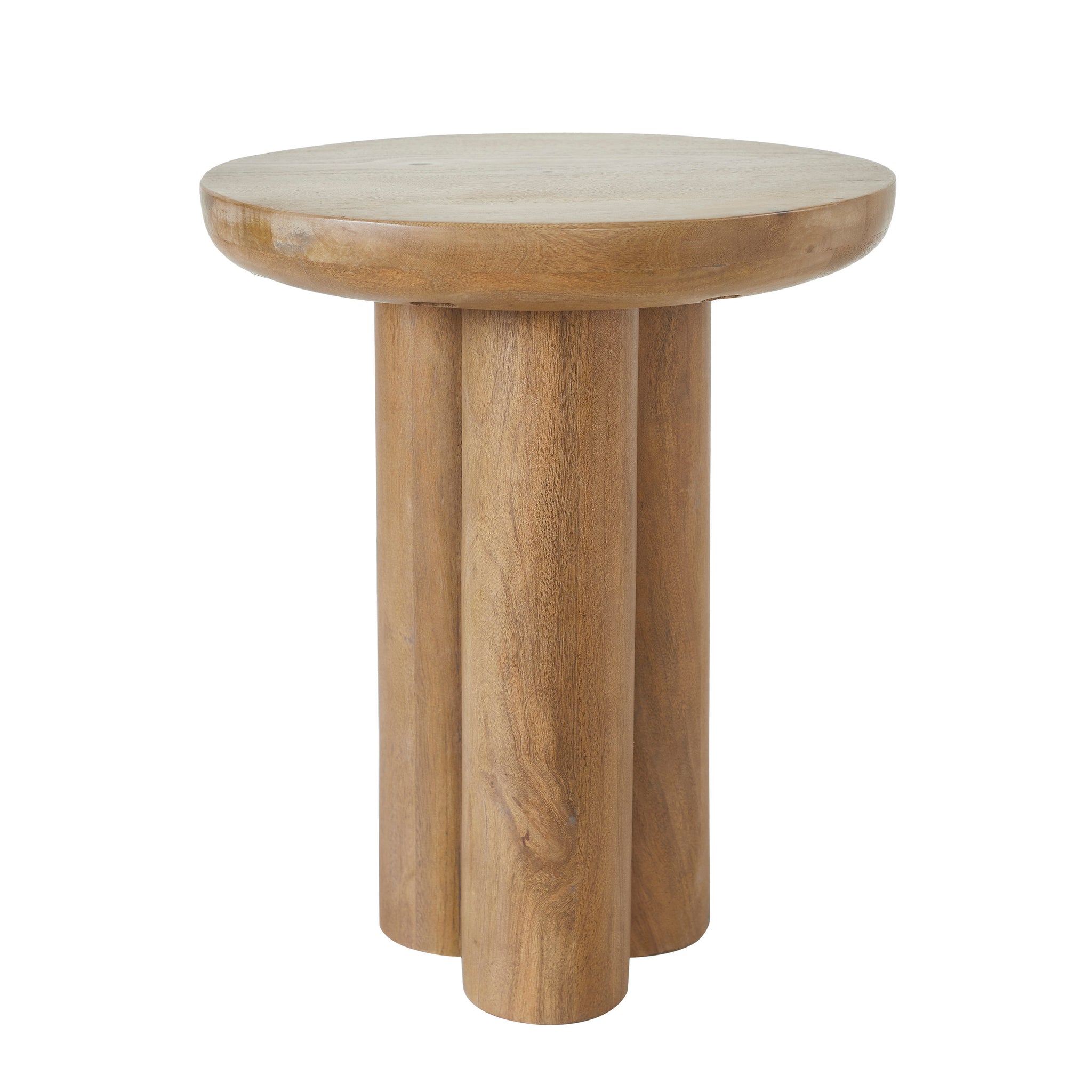 Honey Side Table with round top and three cylindrical legs in natural wood finish