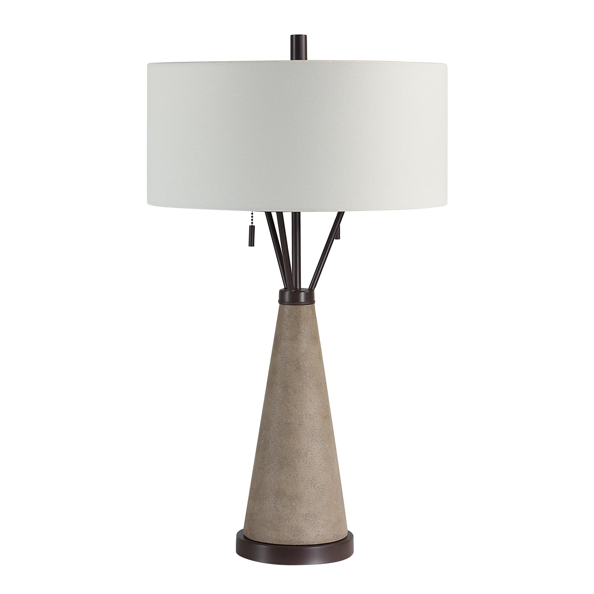 Lourdes Table Lamp with a textured gray base and a white fabric shade.
