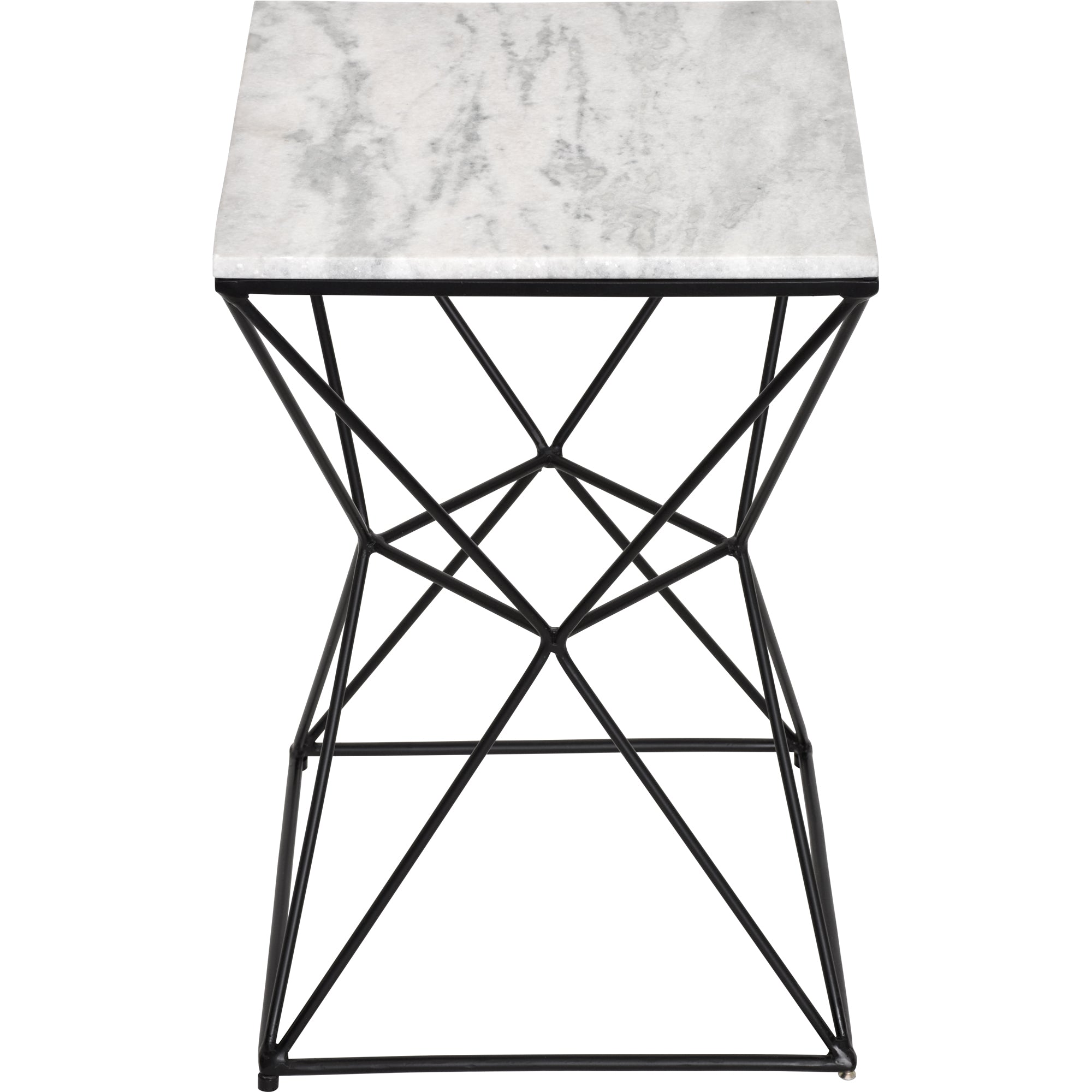 SYMMETRY table featuring a white marble surface and black metal frame from a top view