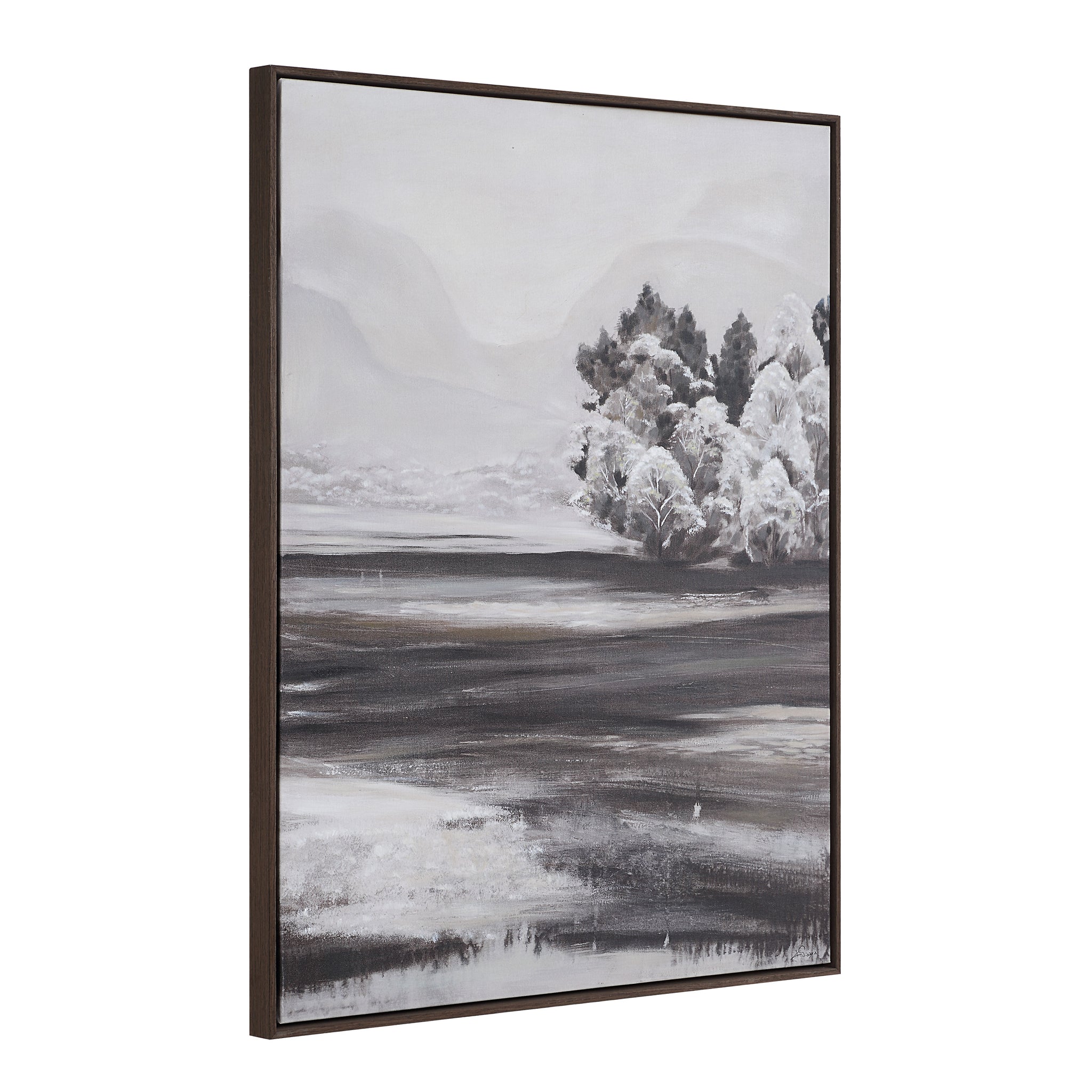 Sweeney canvas art viewed from the side, showcasing a monochrome landscape with trees.