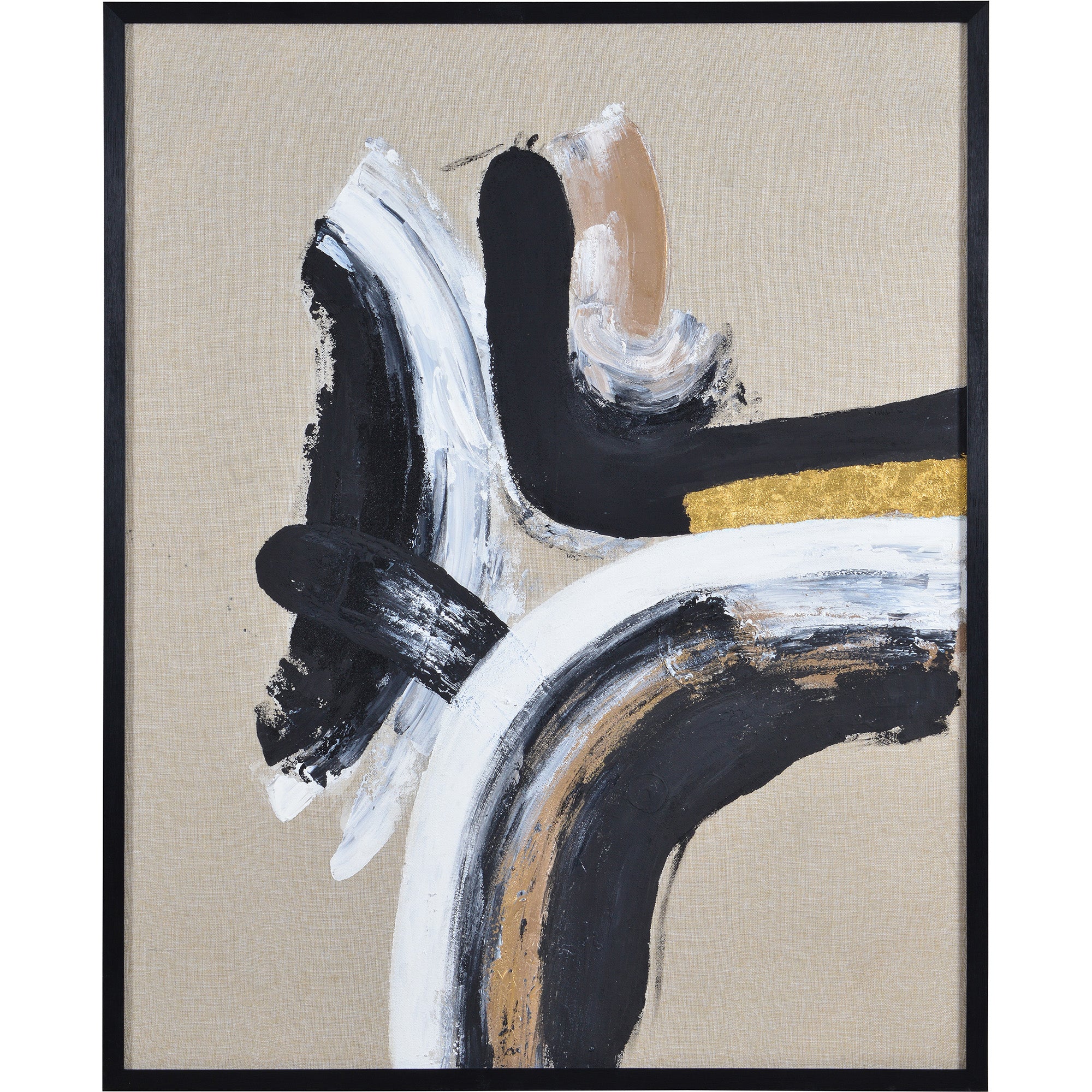 Ilya Canvas Art featuring abstract black, white, and gold brush strokes on a beige background