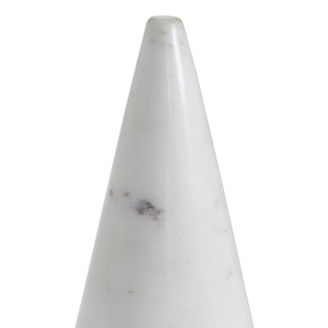 Silica statue by Renwil, close-up of white marble cone with subtle veining.