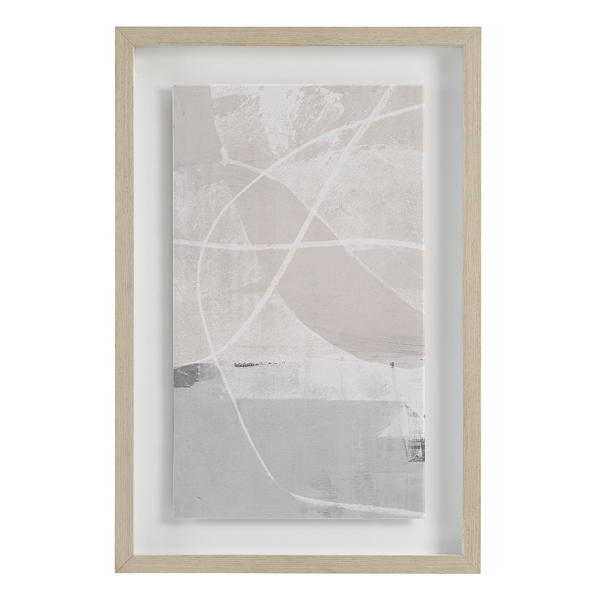 Rovereto Wall Decor featuring abstract design in soft pink and gray tones, framed in light wood.