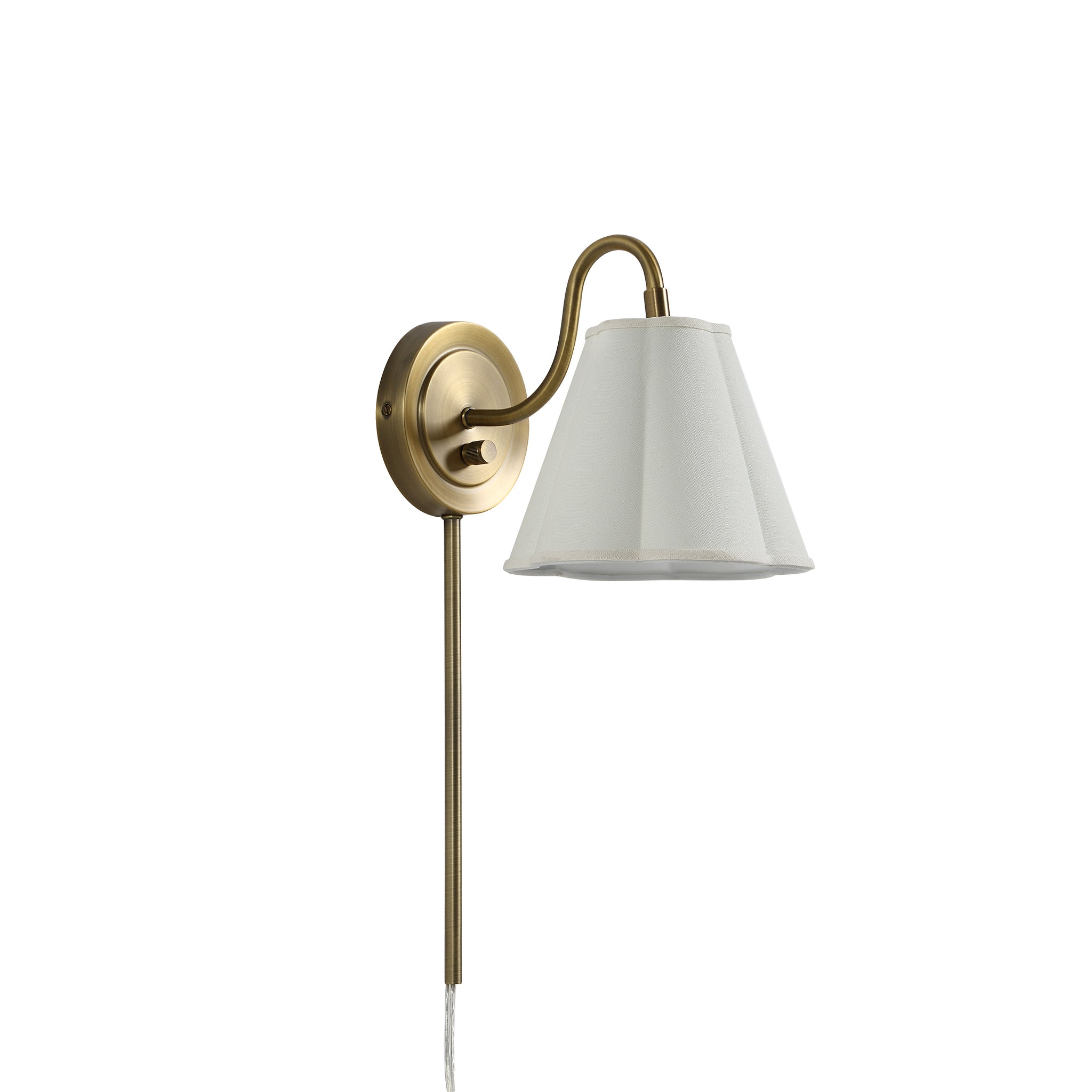 Arielle wall sconce with a white fabric shade and brass finish, featuring a curved arm.