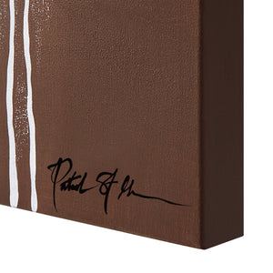 Fallbrook canvas art featuring brown texture with white lines and signature detail