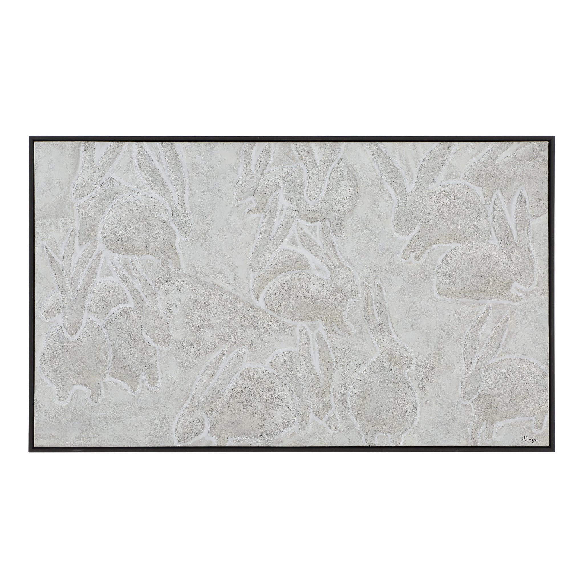 Lacey canvas art featuring textured rabbits in soft gray tones with a black frame.