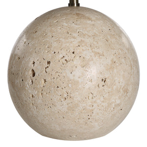 Assen Table Lamp with a round beige stone base featuring a textured surface.