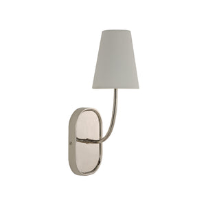 Annona wall sconce with a curved arm, white shade, and reflective nickel backplate.