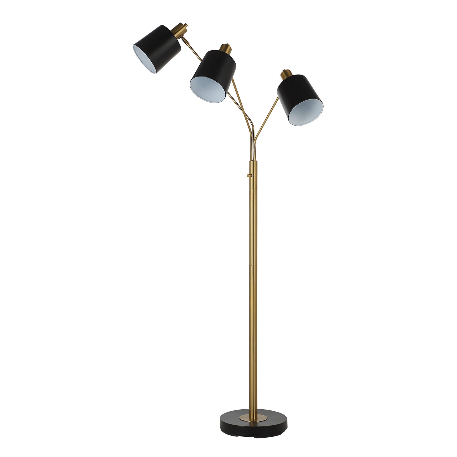 Meander floor lamp with three black shades and gold accents, standing on a round black base.