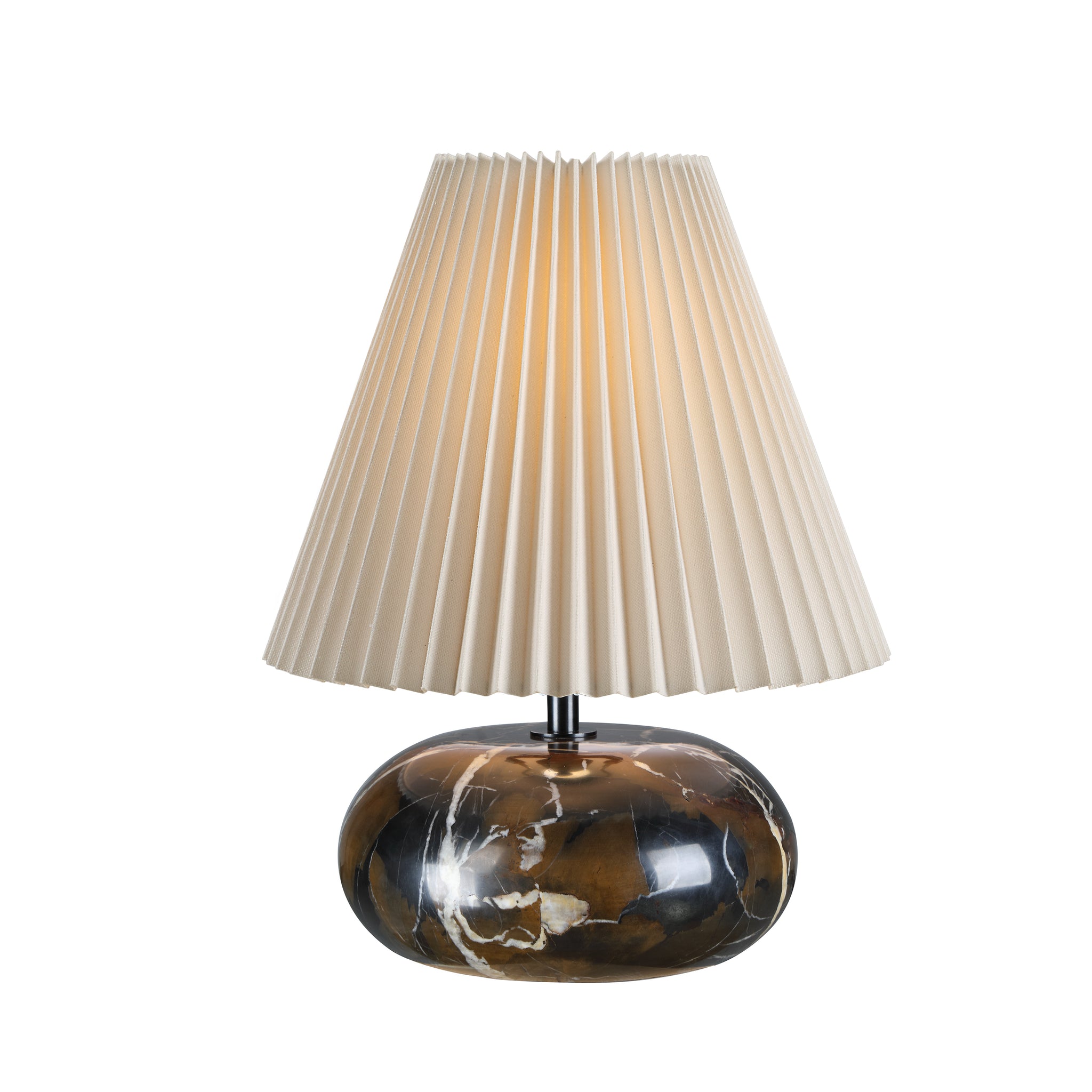 Noto Brown table lamp illuminated, featuring a cream pleated shade and dark marble base.
