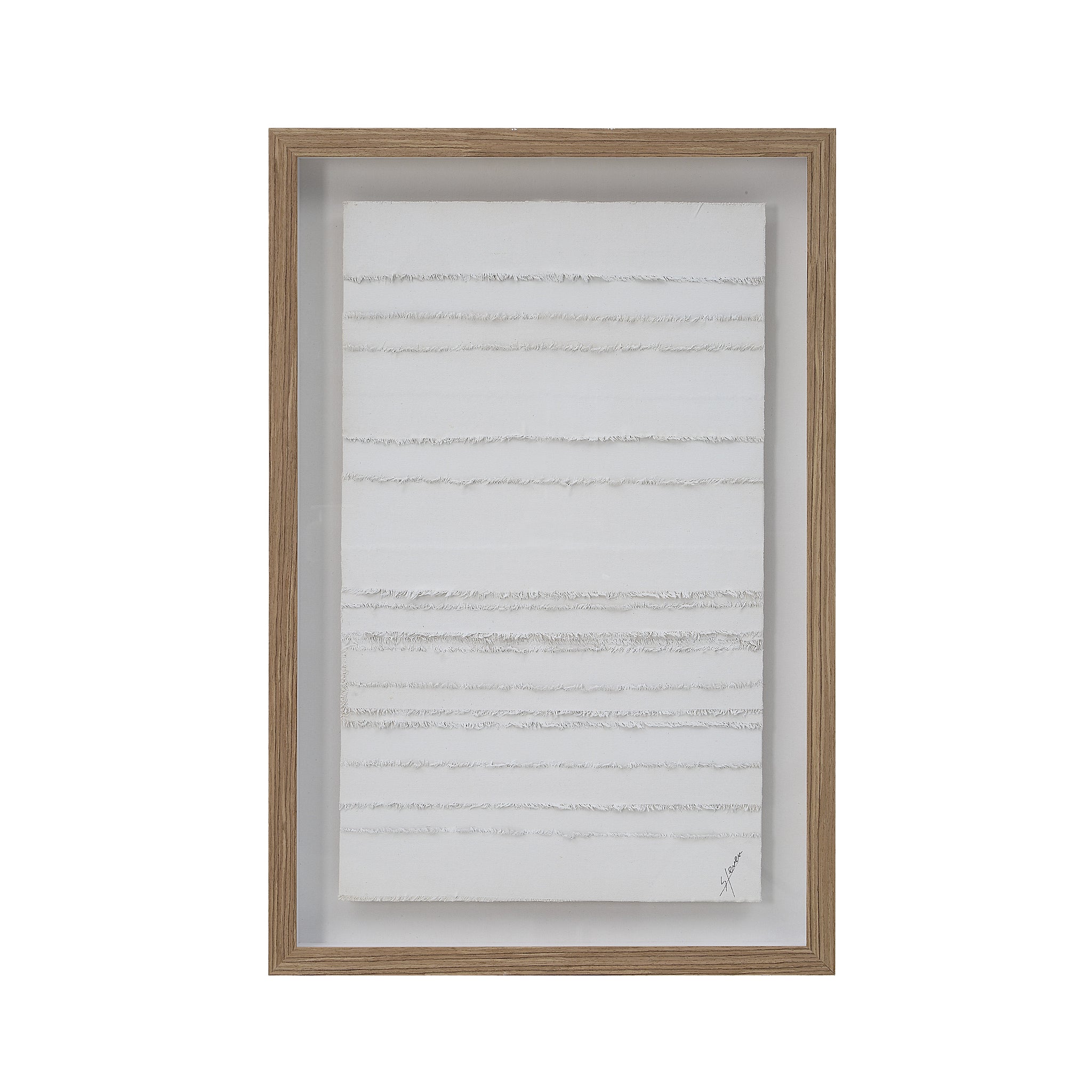 Front view of Trax wall art with white textured lines and light wood frame.