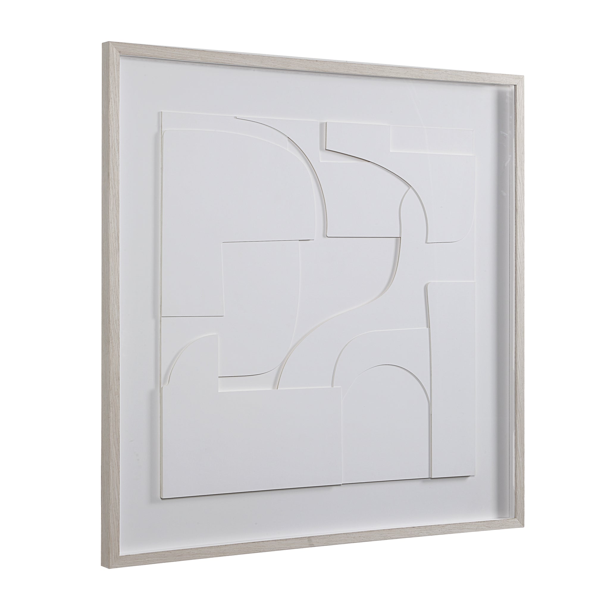 Stardust wall art showcasing white abstract shapes from a side angle in a light wood frame.